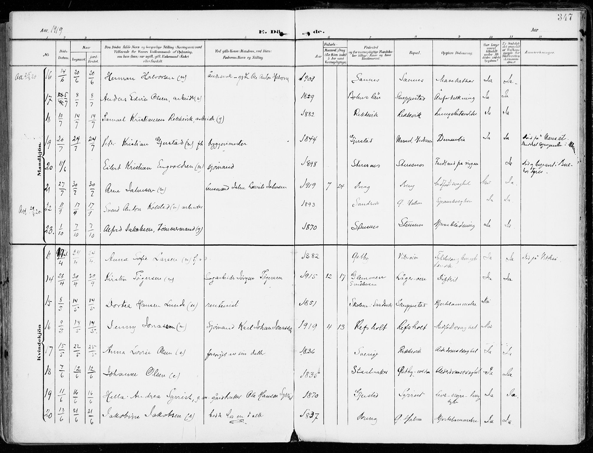 Tjølling kirkebøker, AV/SAKO-A-60/F/Fa/L0010: Parish register (official) no. 10, 1906-1923, p. 347