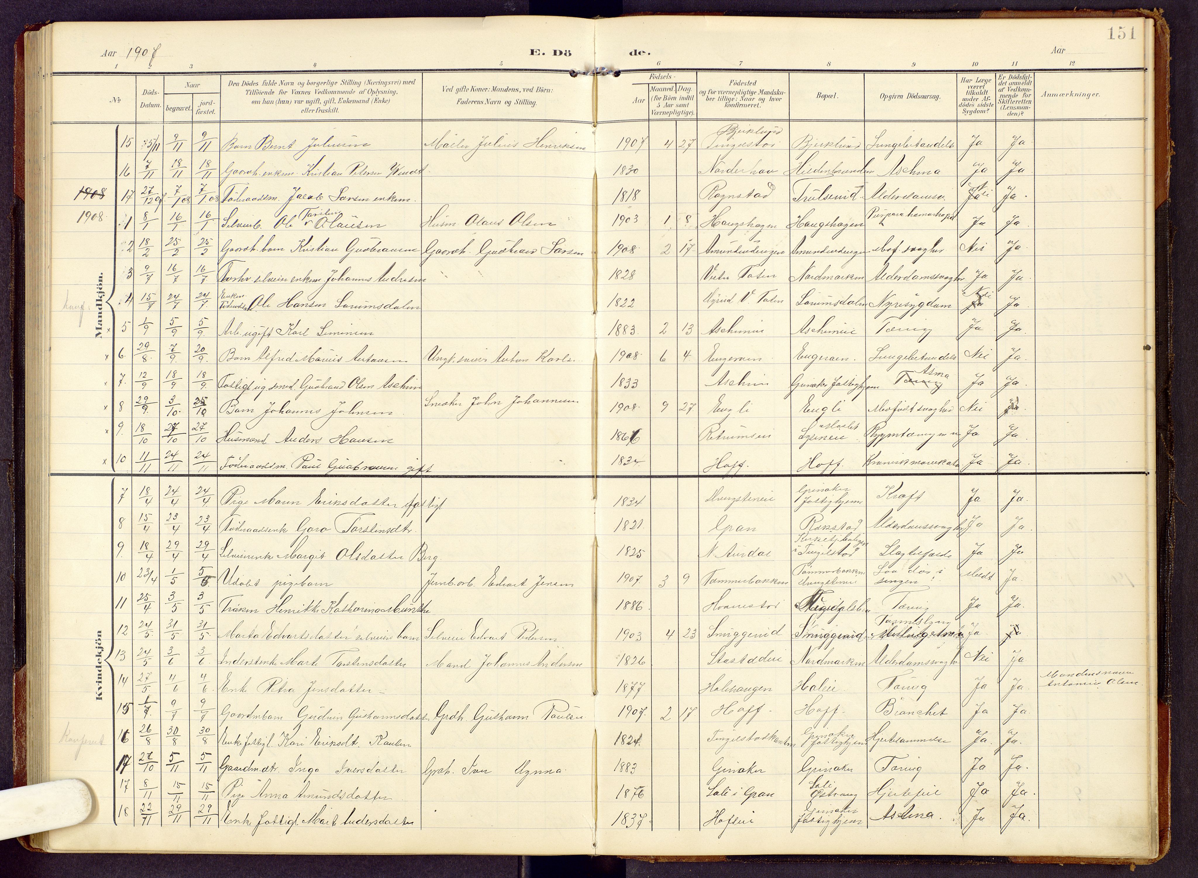 Brandbu prestekontor, SAH/PREST-114/H/Ha/Hab/L0009: Parish register (copy) no. 9, 1903-1916, p. 151