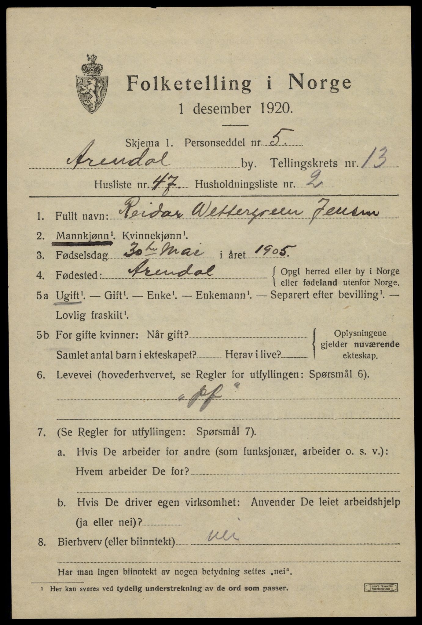 SAK, 1920 census for Arendal, 1920, p. 20824