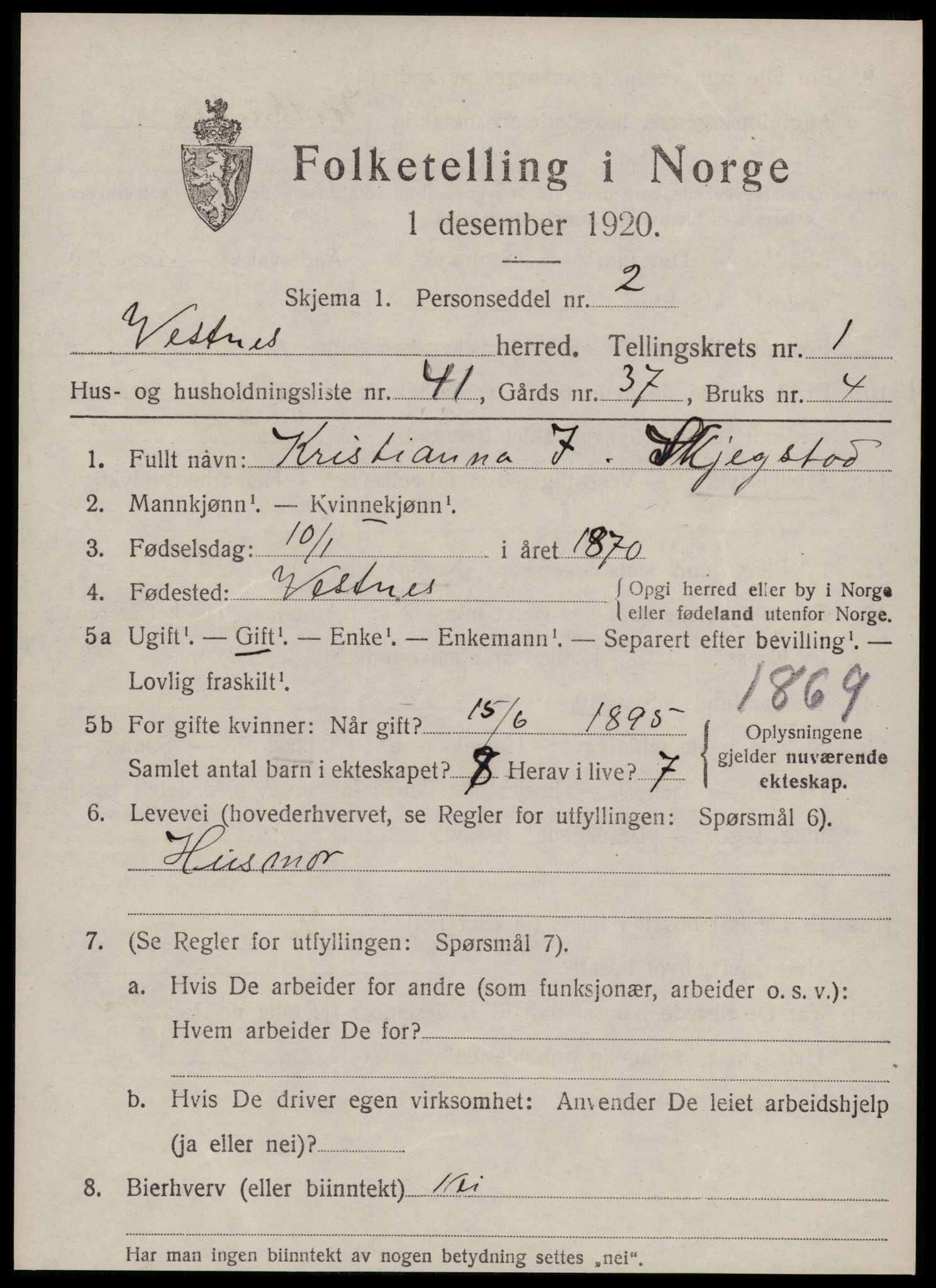 SAT, 1920 census for Vestnes, 1920, p. 1703