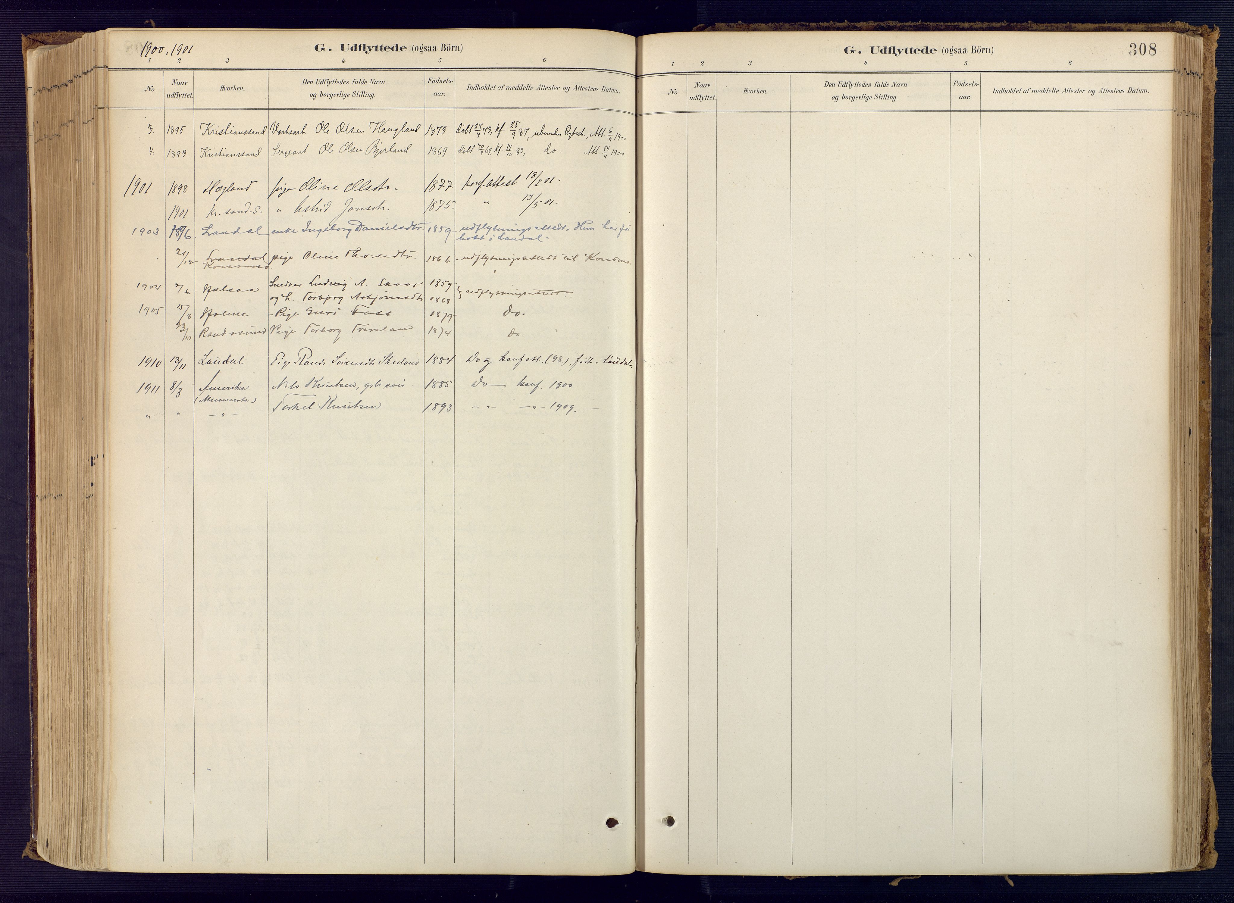 Bjelland sokneprestkontor, SAK/1111-0005/F/Fa/Faa/L0004: Parish register (official) no. A 4, 1887-1923, p. 308