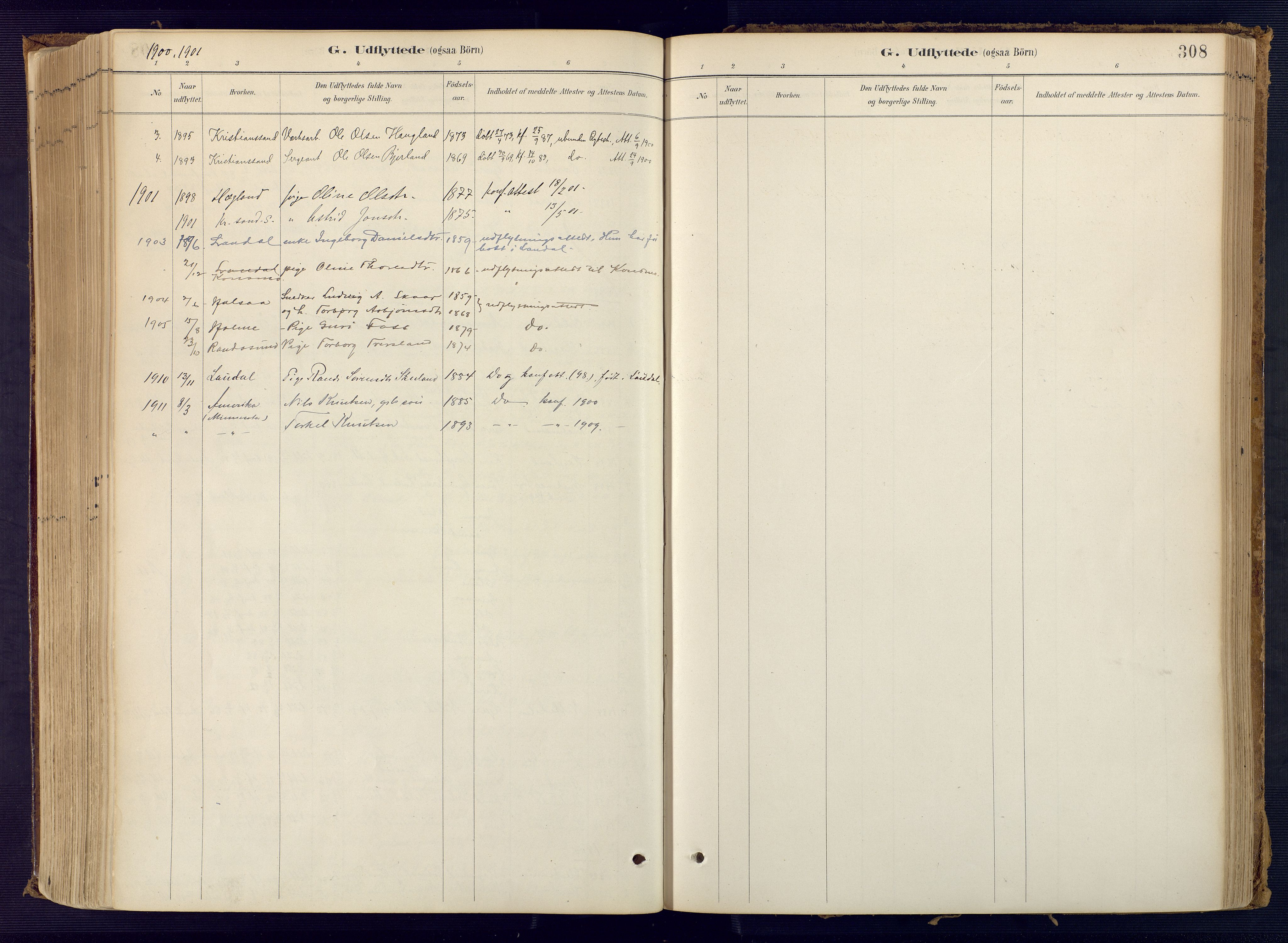 Bjelland sokneprestkontor, AV/SAK-1111-0005/F/Fa/Faa/L0004: Parish register (official) no. A 4, 1887-1923, p. 308