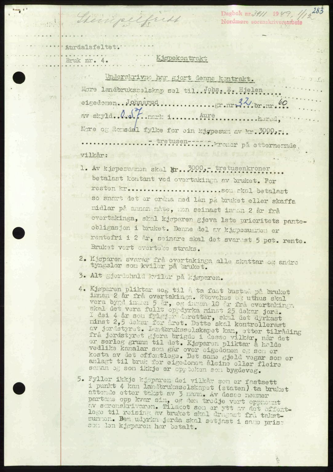 Nordmøre sorenskriveri, AV/SAT-A-4132/1/2/2Ca: Mortgage book no. A113, 1949-1950, Diary no: : 3411/1949