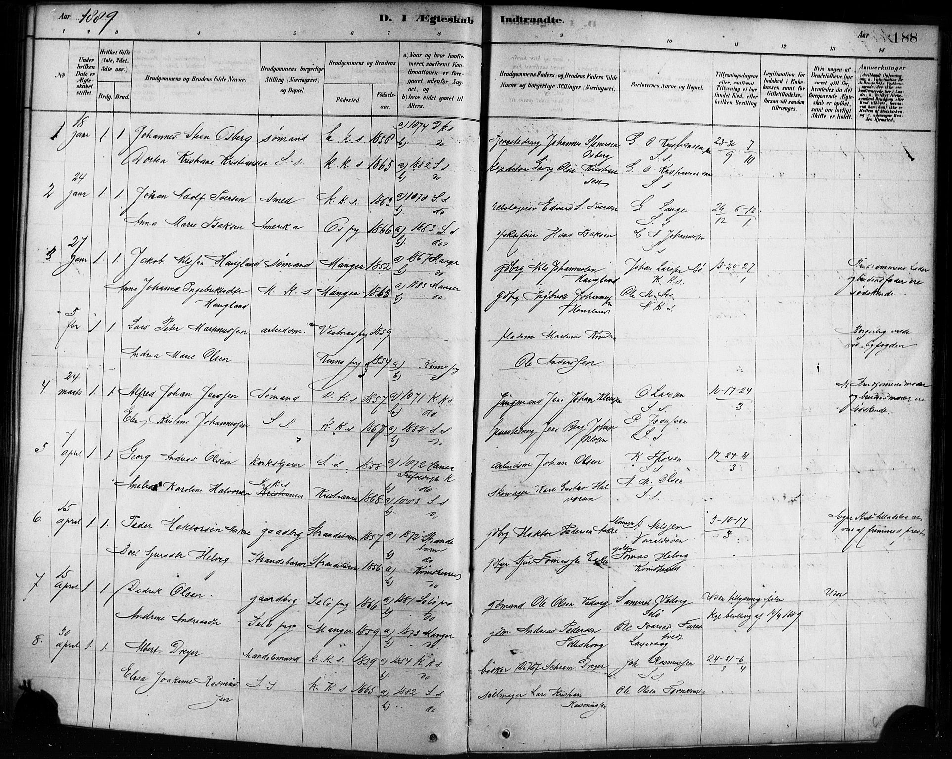 Sandviken Sokneprestembete, AV/SAB-A-77601/H/Ha/L0002: Parish register (official) no. A 2, 1878-1896, p. 188