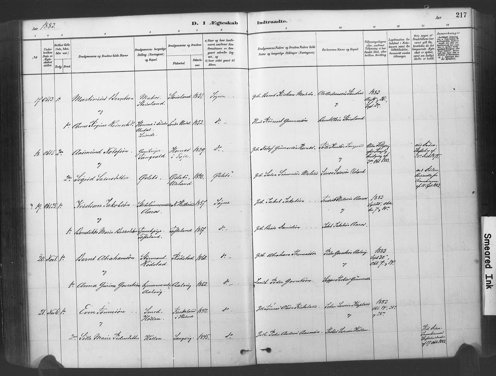 Søgne sokneprestkontor, SAK/1111-0037/F/Fa/Fab/L0012: Parish register (official) no. A 12, 1880-1891, p. 217