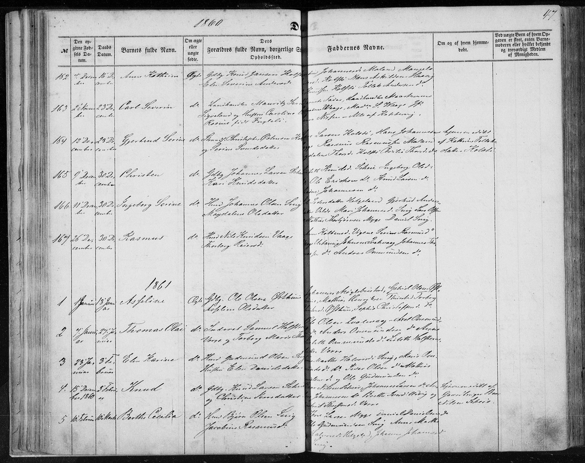 Avaldsnes sokneprestkontor, SAST/A -101851/H/Ha/Haa/L0010: Parish register (official) no. A 10, 1857-1876, p. 47