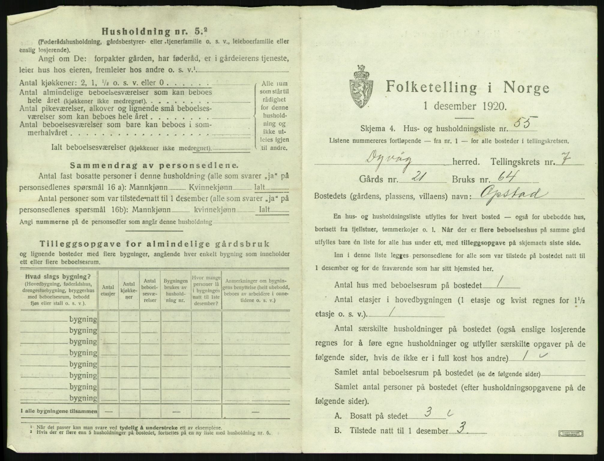 SAK, 1920 census for Dypvåg, 1920, p. 1303