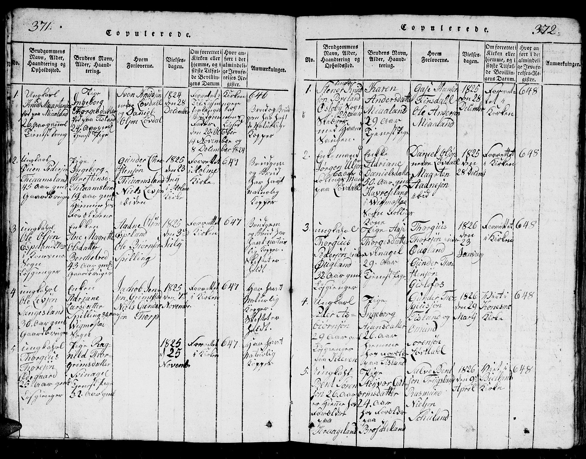 Holum sokneprestkontor, SAK/1111-0022/F/Fb/Fbb/L0001: Parish register (copy) no. B 1, 1820-1847, p. 371-372