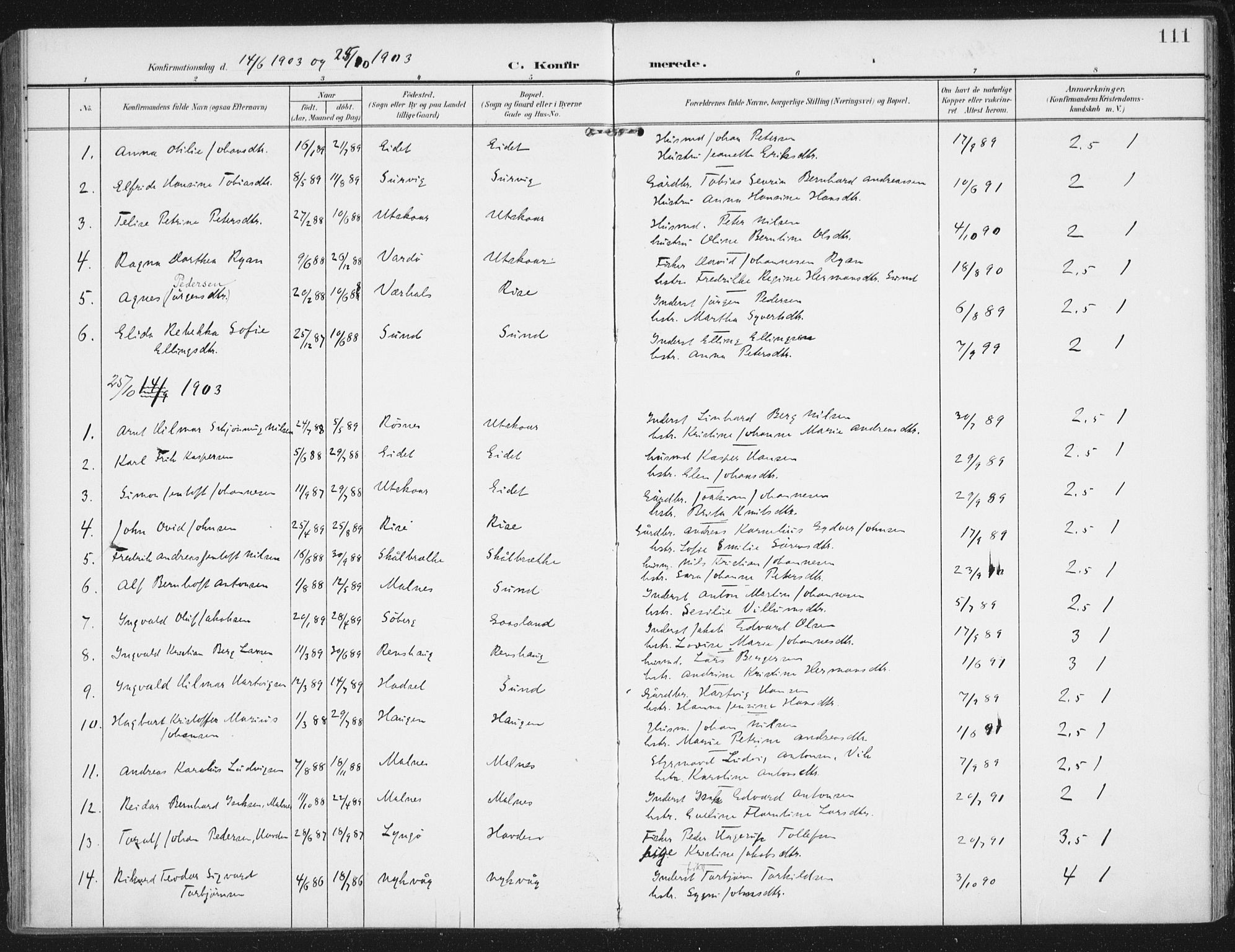 Ministerialprotokoller, klokkerbøker og fødselsregistre - Nordland, SAT/A-1459/892/L1321: Parish register (official) no. 892A02, 1902-1918, p. 111