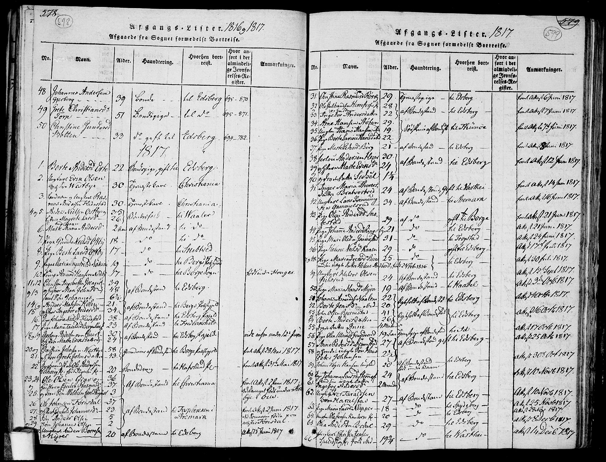 Rakkestad prestekontor Kirkebøker, SAO/A-2008/F/Fa/L0006: Parish register (official) no. I 6, 1814-1824, p. 598-599