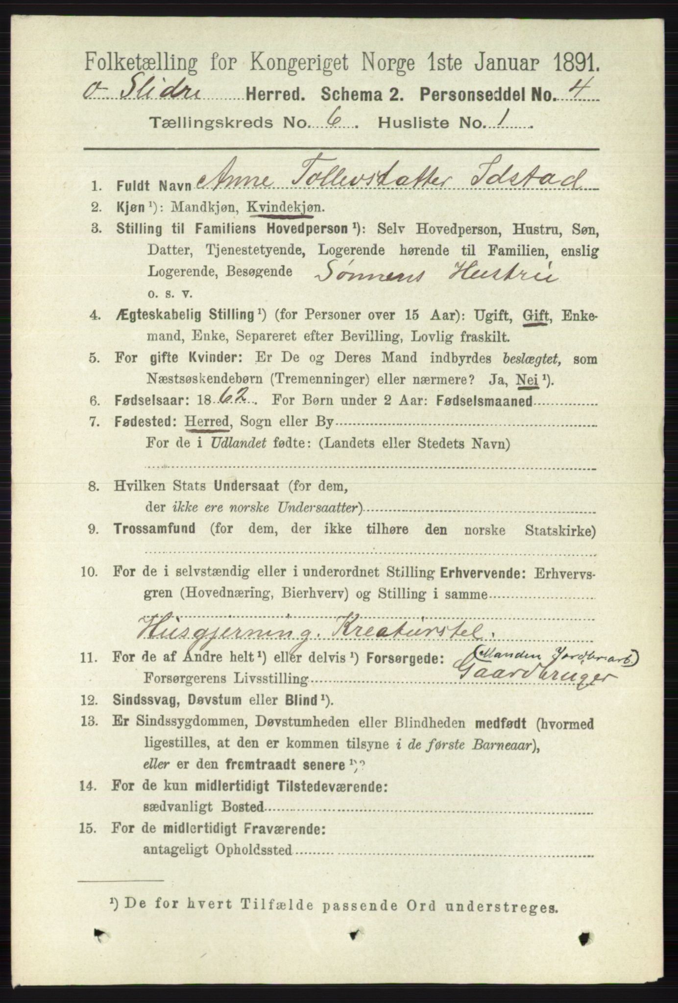 RA, 1891 census for 0544 Øystre Slidre, 1891, p. 1807