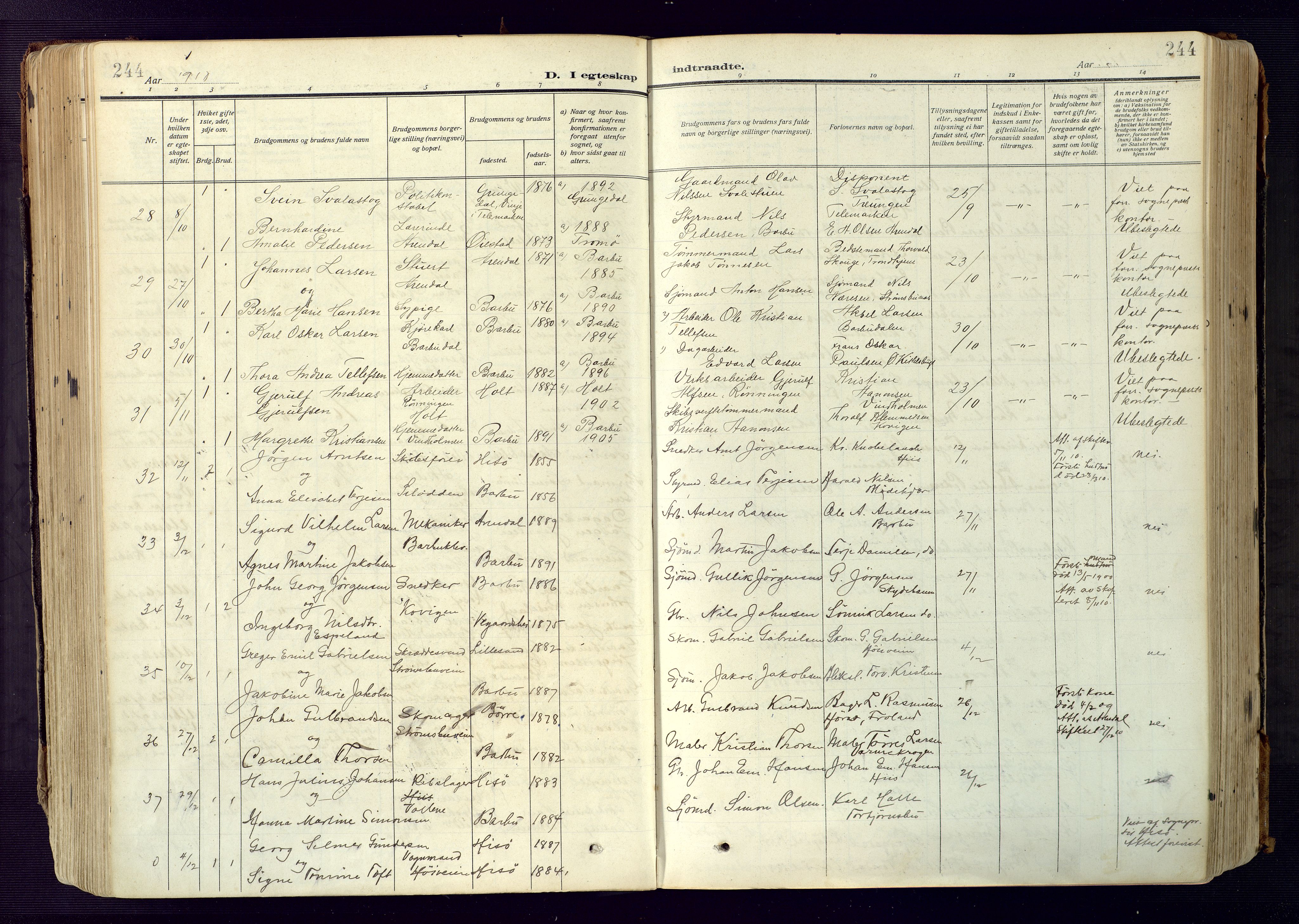 Barbu sokneprestkontor, AV/SAK-1111-0003/F/Fa/L0006: Parish register (official) no. A 6, 1910-1929, p. 244