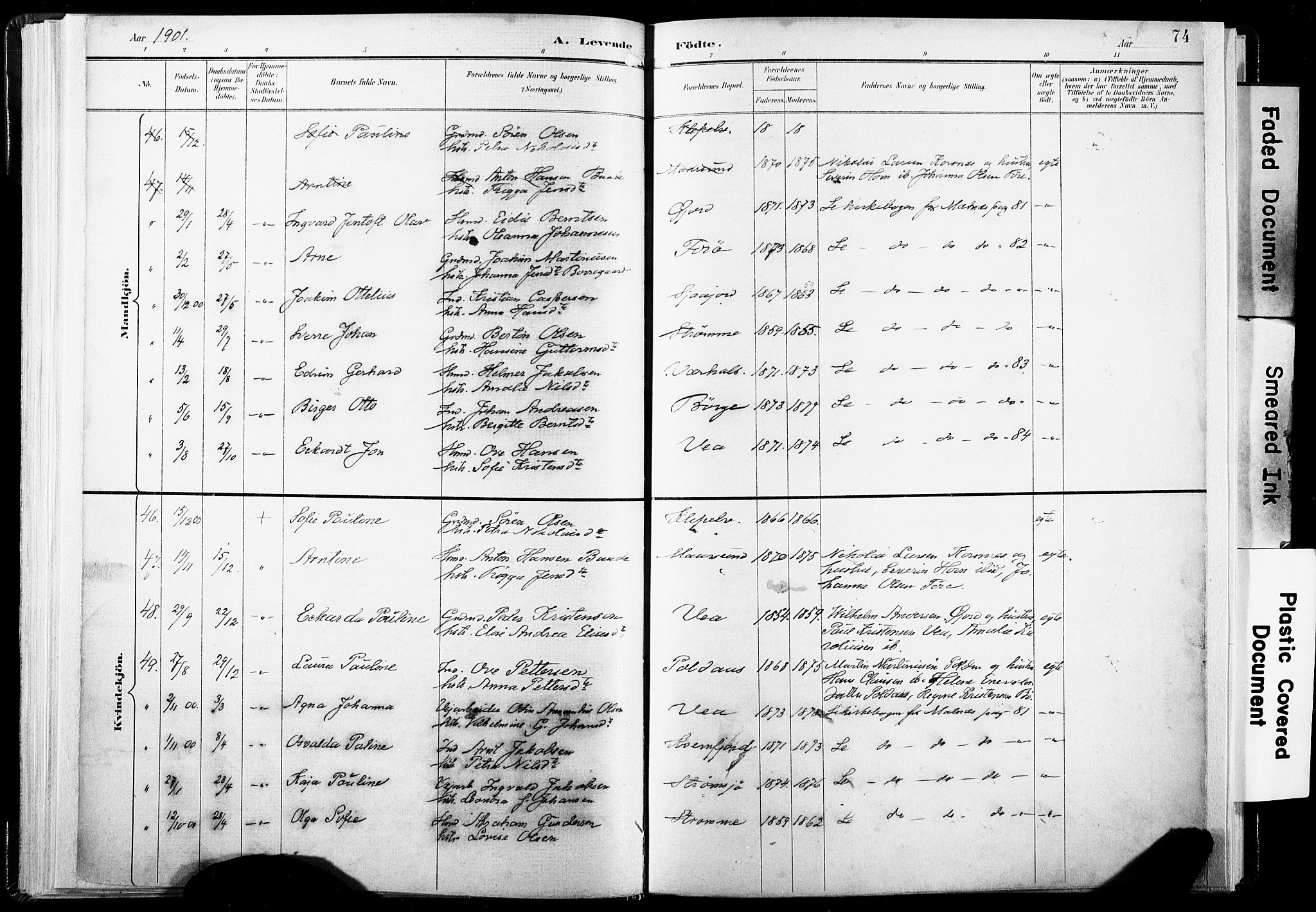 Ministerialprotokoller, klokkerbøker og fødselsregistre - Nordland, AV/SAT-A-1459/891/L1304: Parish register (official) no. 891A09, 1895-1921, p. 74