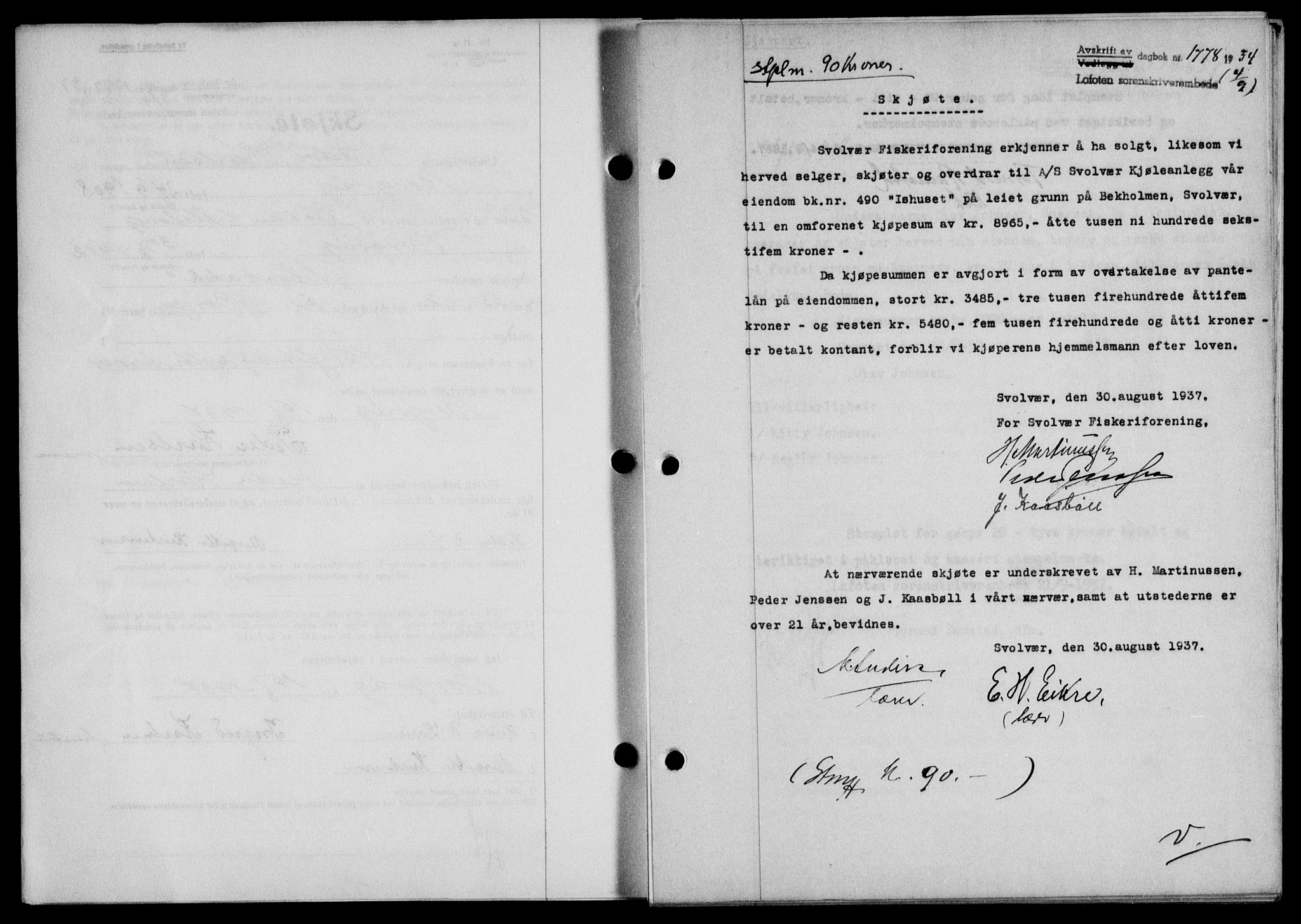 Lofoten sorenskriveri, SAT/A-0017/1/2/2C/L0002a: Mortgage book no. 2a, 1937-1937, Diary no: : 1778/1937