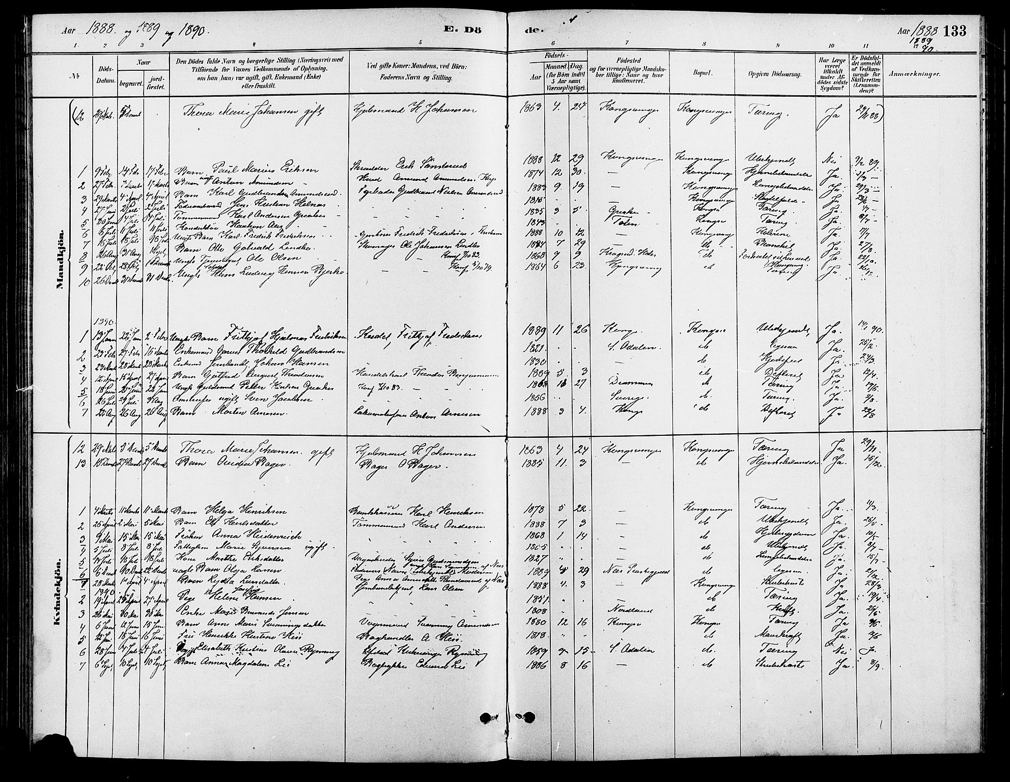 Vinger prestekontor, SAH/PREST-024/H/Ha/Haa/L0013: Parish register (official) no. 13, 1881-1897, p. 133