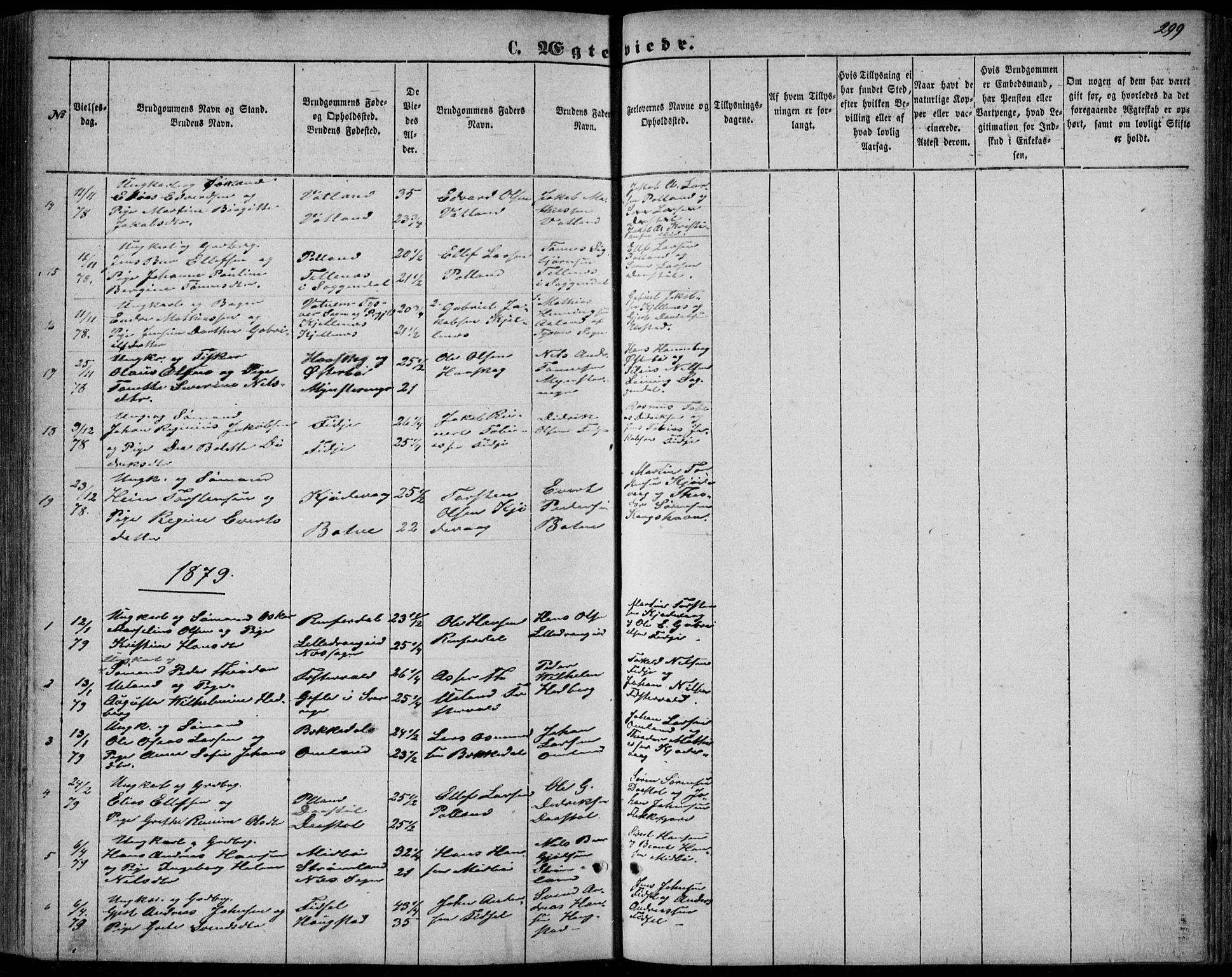 Flekkefjord sokneprestkontor, AV/SAK-1111-0012/F/Fb/Fbb/L0003: Parish register (copy) no. B 3, 1867-1889, p. 299