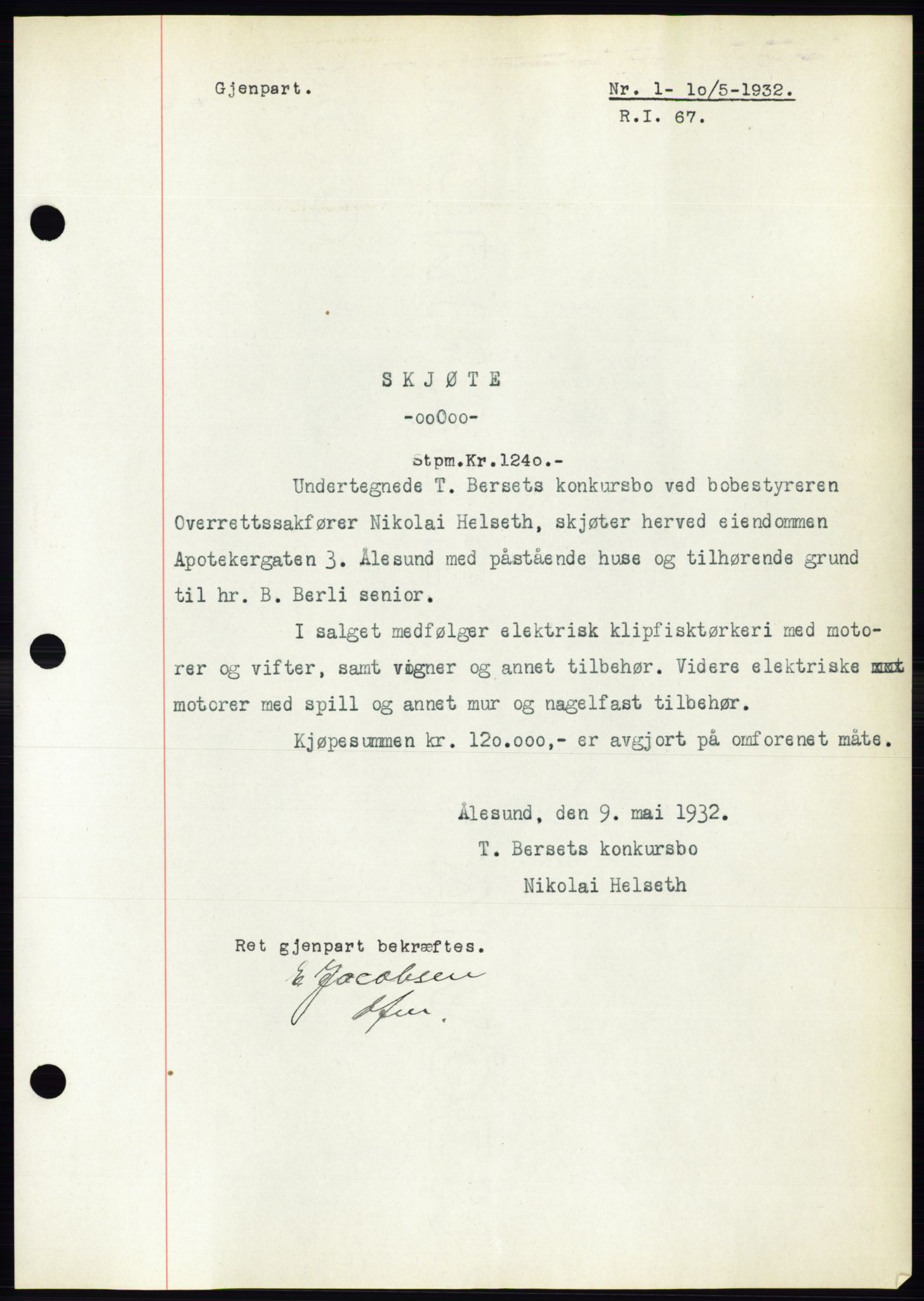 Ålesund byfogd, AV/SAT-A-4384: Mortgage book no. 29, 1931-1932, Deed date: 10.05.1932