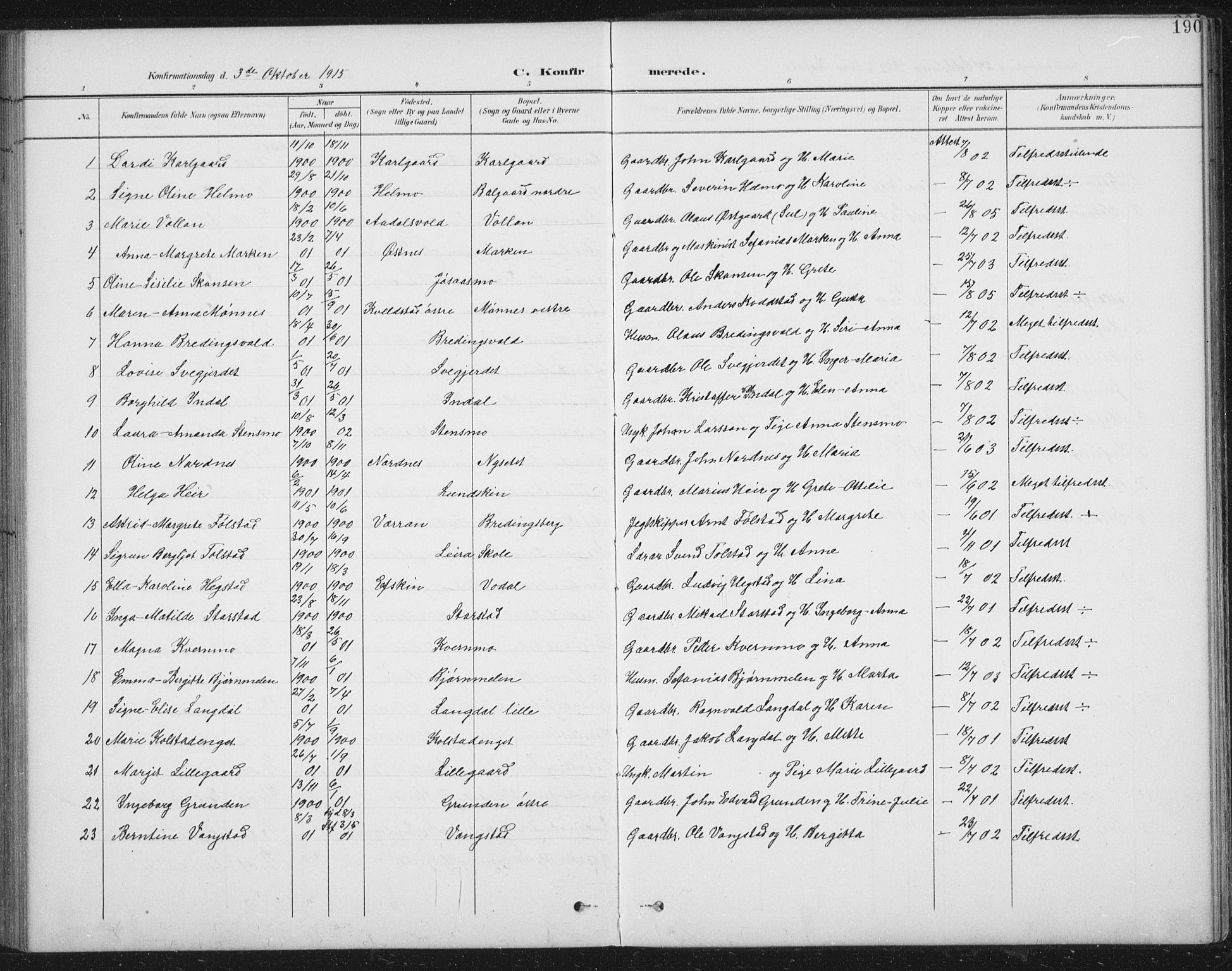 Ministerialprotokoller, klokkerbøker og fødselsregistre - Nord-Trøndelag, SAT/A-1458/724/L0269: Parish register (copy) no. 724C05, 1899-1920, p. 190