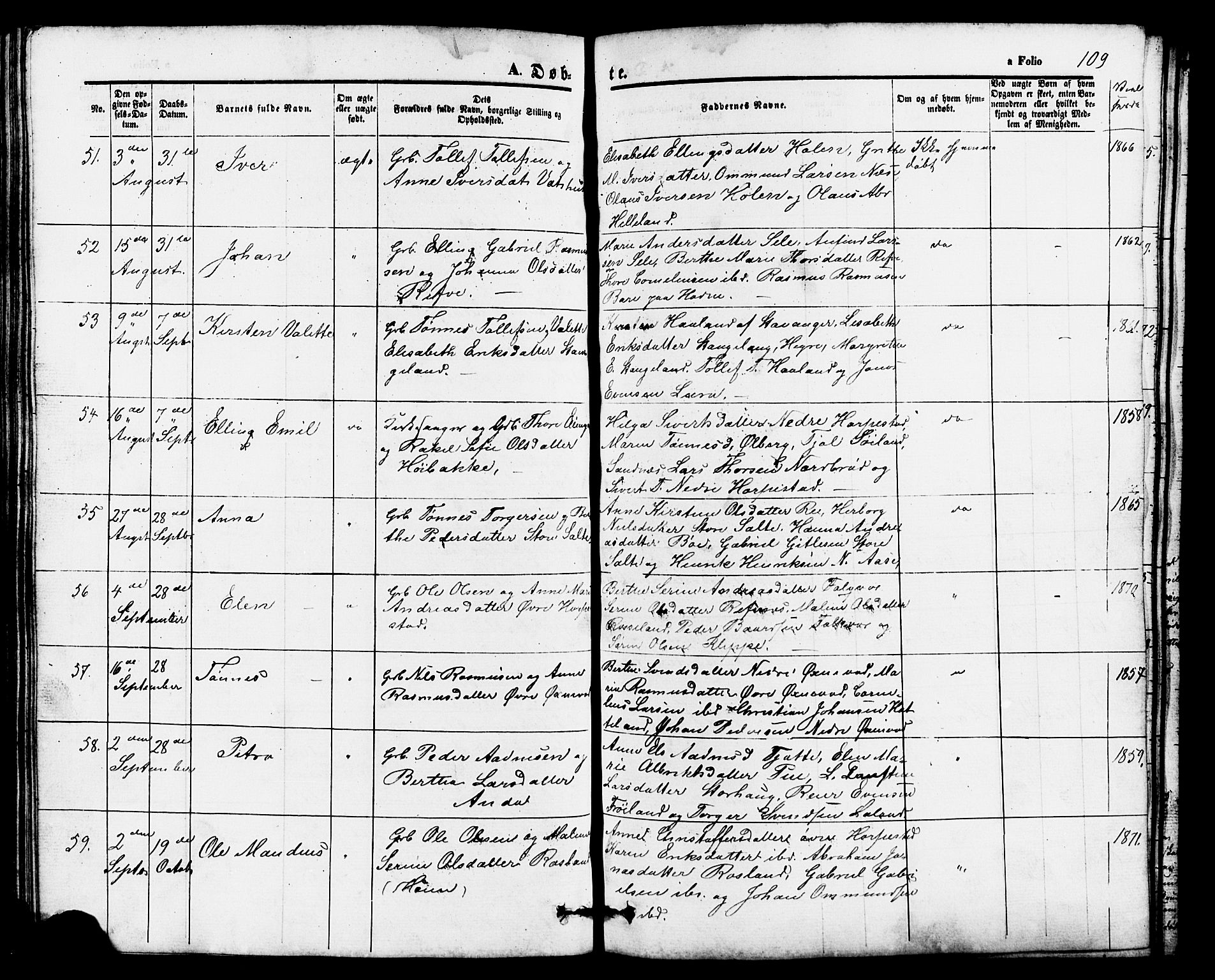 Klepp sokneprestkontor, AV/SAST-A-101803/001/3/30BB/L0002: Parish register (copy) no. B 2, 1860-1875, p. 109