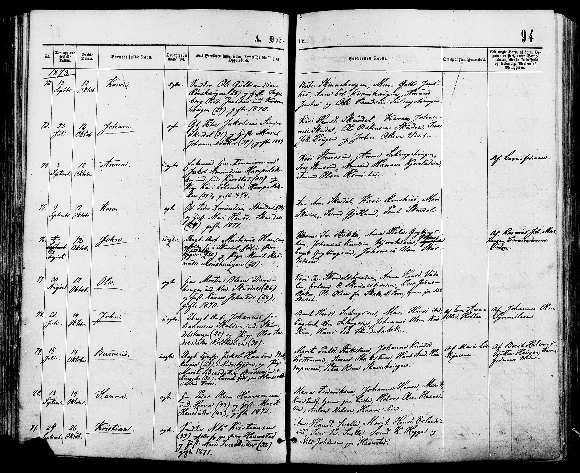 Sør-Fron prestekontor, SAH/PREST-010/H/Ha/Haa/L0002: Parish register (official) no. 2, 1864-1880, p. 94