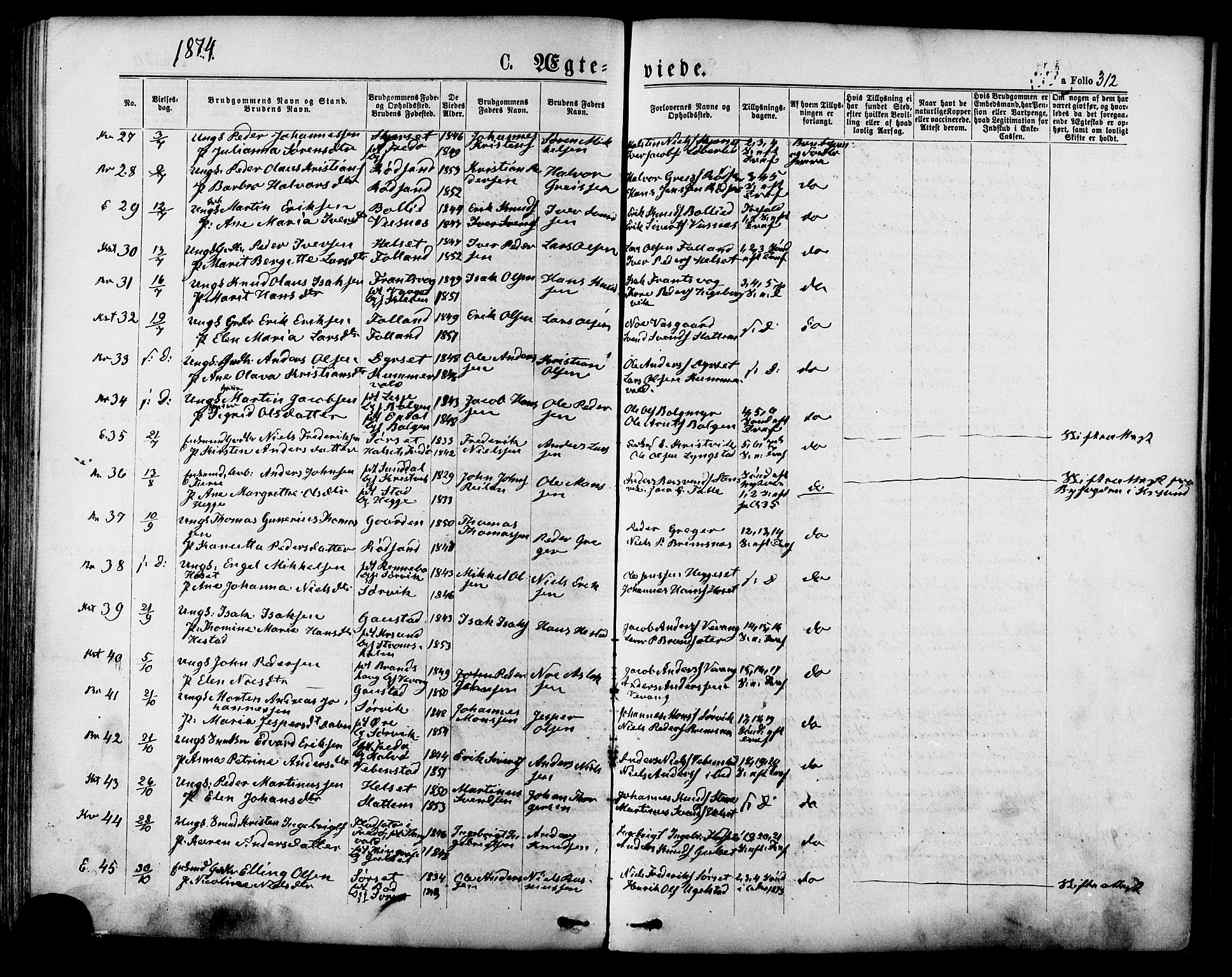 Ministerialprotokoller, klokkerbøker og fødselsregistre - Møre og Romsdal, SAT/A-1454/568/L0805: Parish register (official) no. 568A12 /1, 1869-1884, p. 312
