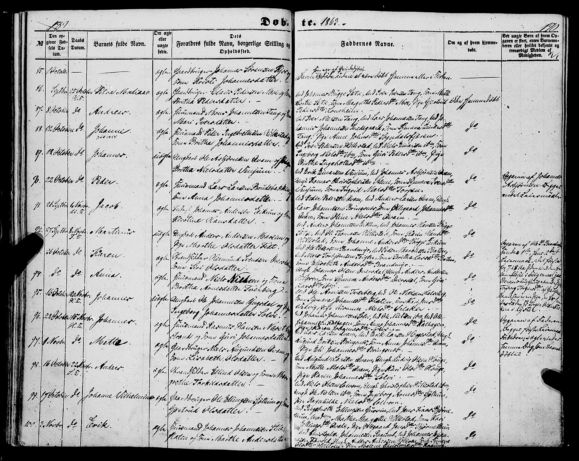 Hafslo sokneprestembete, AV/SAB-A-80301/H/Haa/Haaa/L0009: Parish register (official) no. A 9, 1852-1873, p. 189-190