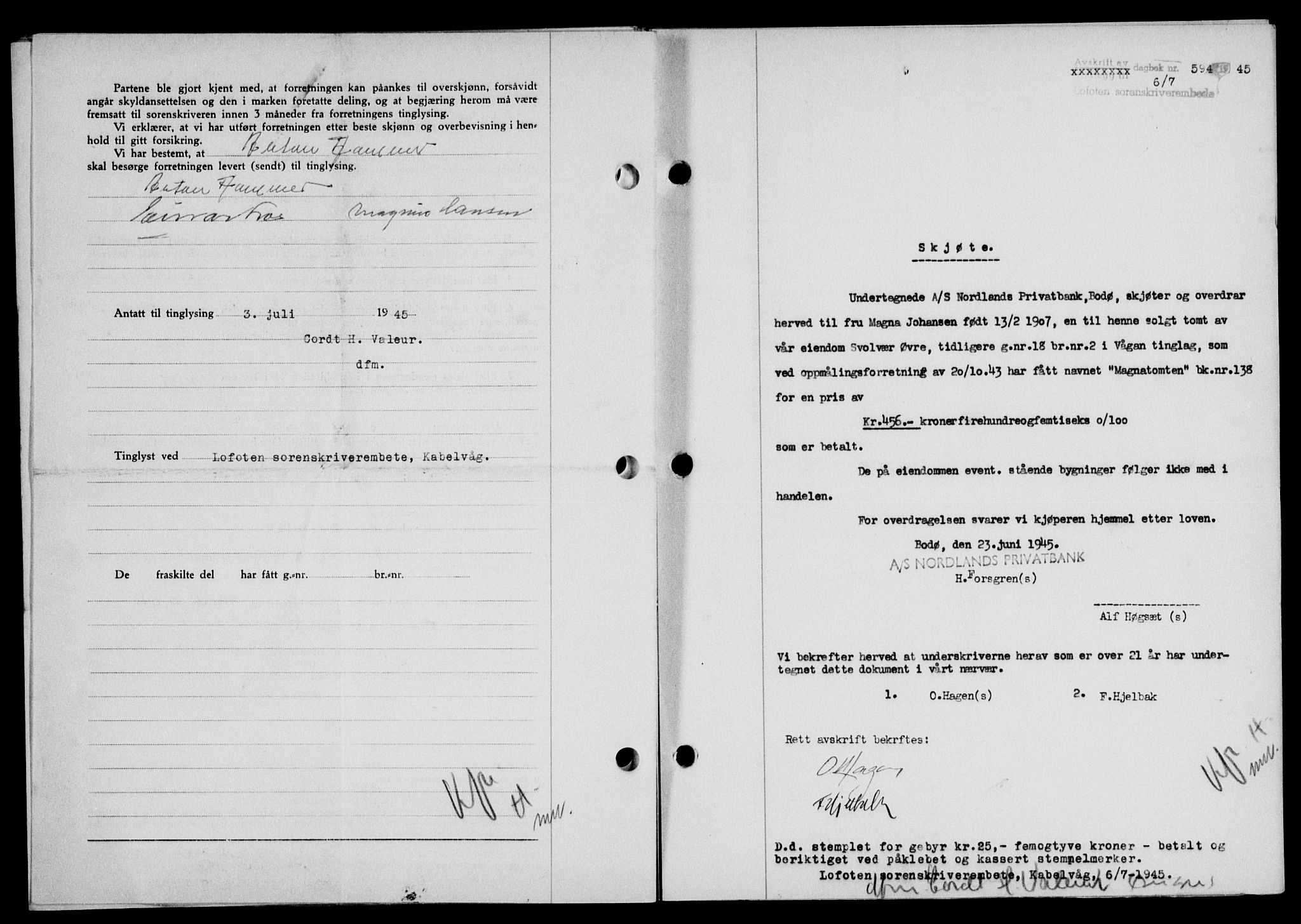 Lofoten sorenskriveri, SAT/A-0017/1/2/2C/L0013a: Mortgage book no. 13a, 1944-1946, Diary no: : 594/1945