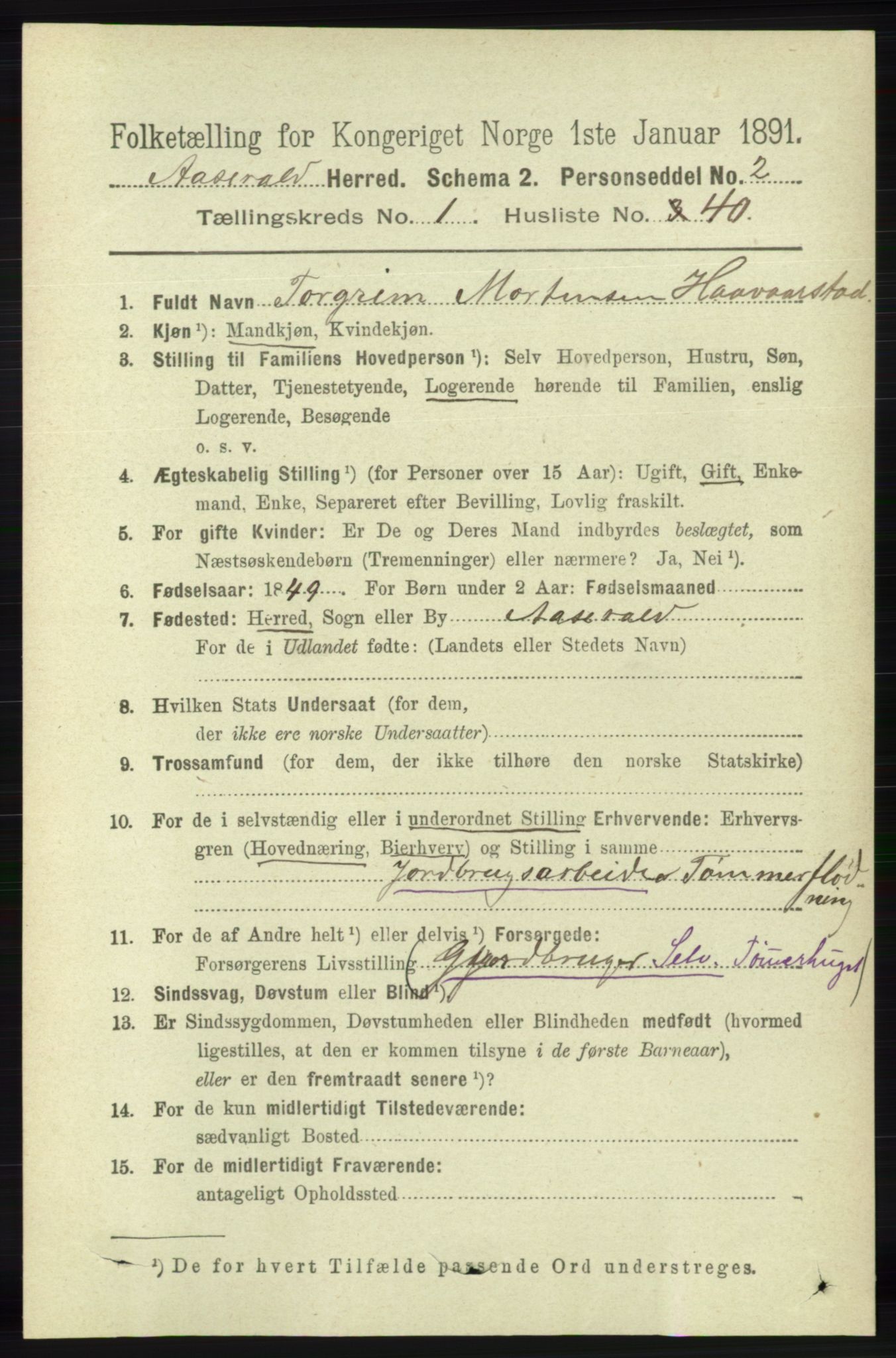 RA, 1891 census for 1026 Åseral, 1891, p. 322