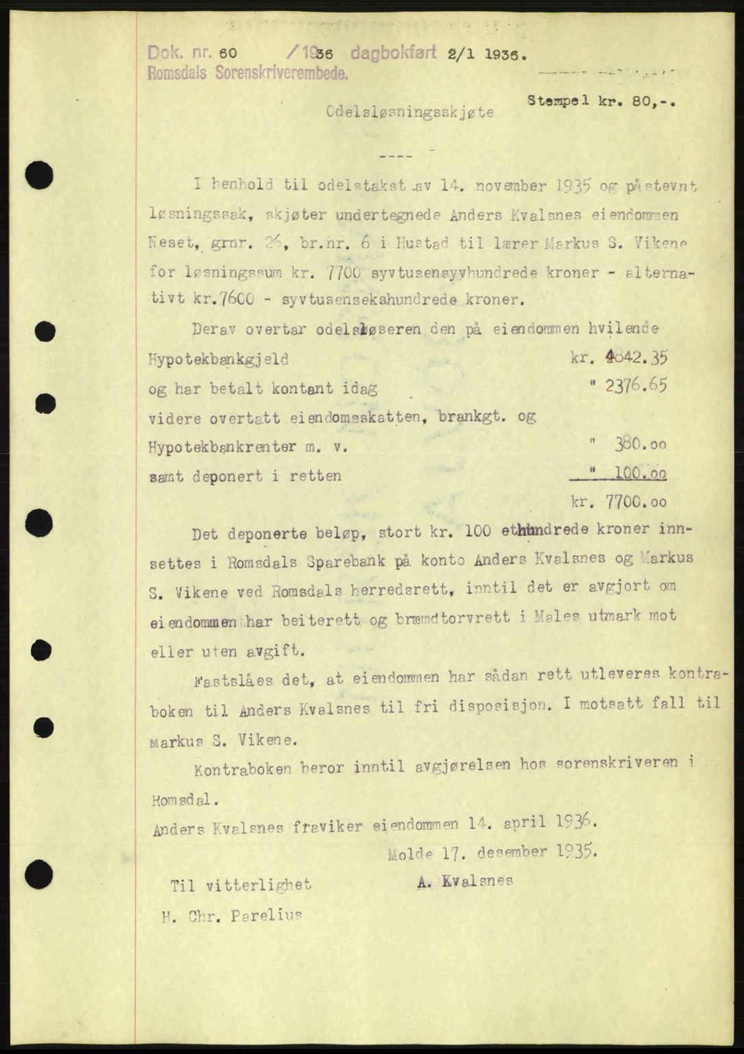 Romsdal sorenskriveri, AV/SAT-A-4149/1/2/2C: Mortgage book no. A1, 1936-1936, Diary no: : 60/1936