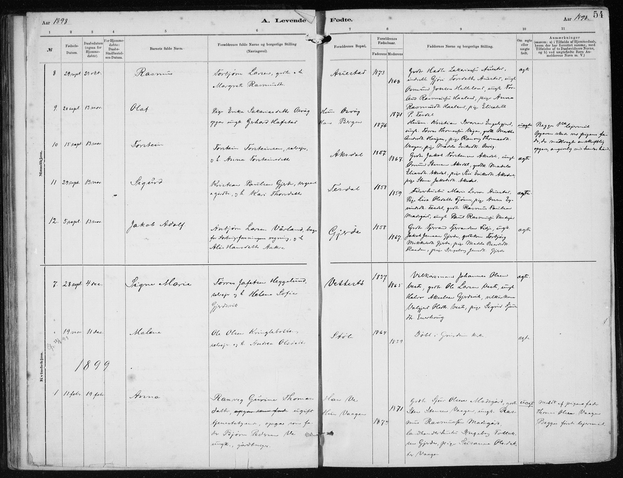 Etne sokneprestembete, SAB/A-75001/H/Haa: Parish register (official) no. B  1, 1879-1919, p. 54