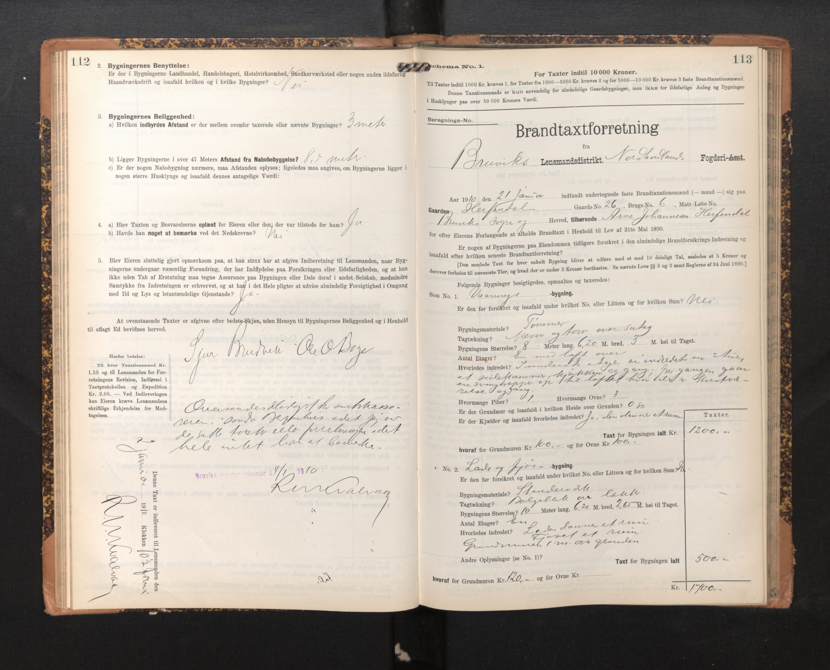 Lensmannen i Bruvik, SAB/A-31301/0012/L0007: Branntakstprotokoll, skjematakst, 1906-1918, p. 112-113