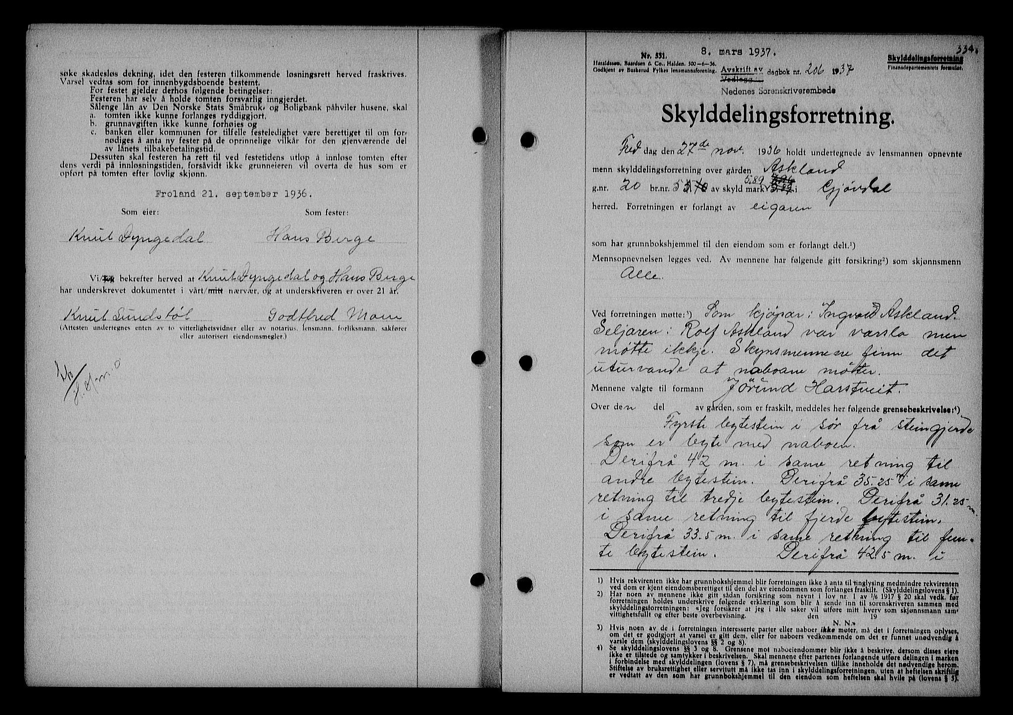 Nedenes sorenskriveri, AV/SAK-1221-0006/G/Gb/Gba/L0043: Mortgage book no. 39, 1936-1937, Diary no: : 206/1937