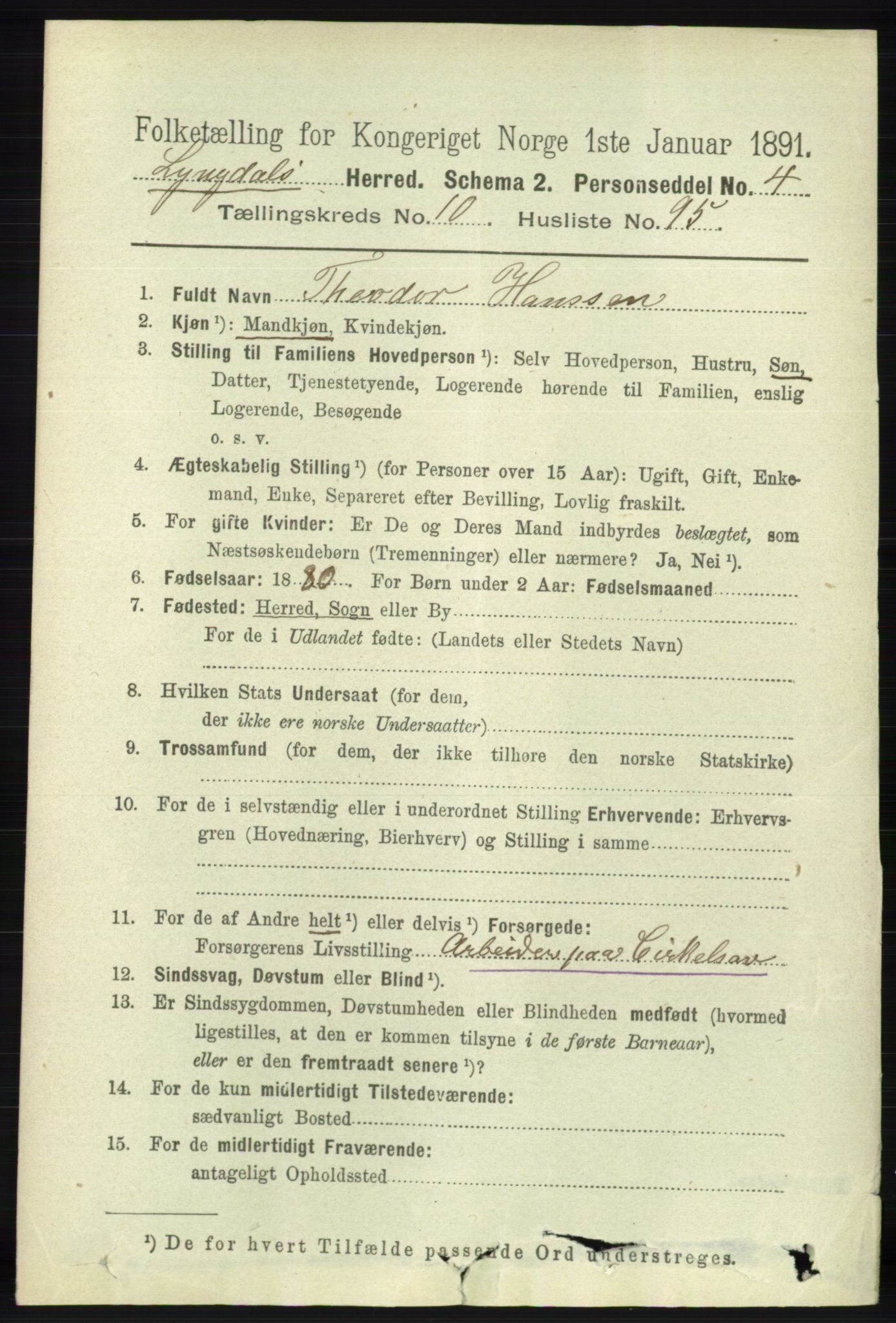 RA, 1891 census for 1032 Lyngdal, 1891, p. 4729