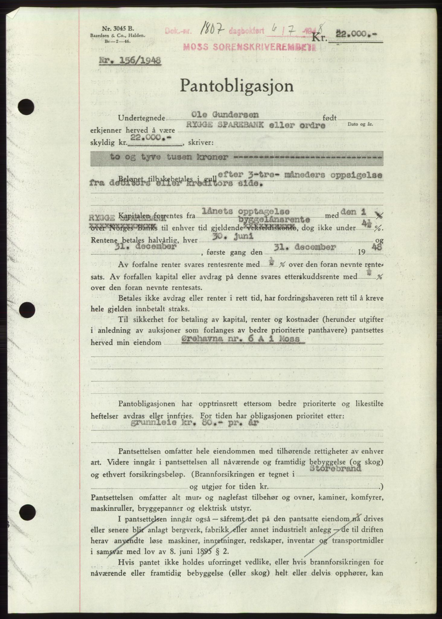 Moss sorenskriveri, AV/SAO-A-10168: Mortgage book no. B20, 1948-1948, Diary no: : 1807/1948