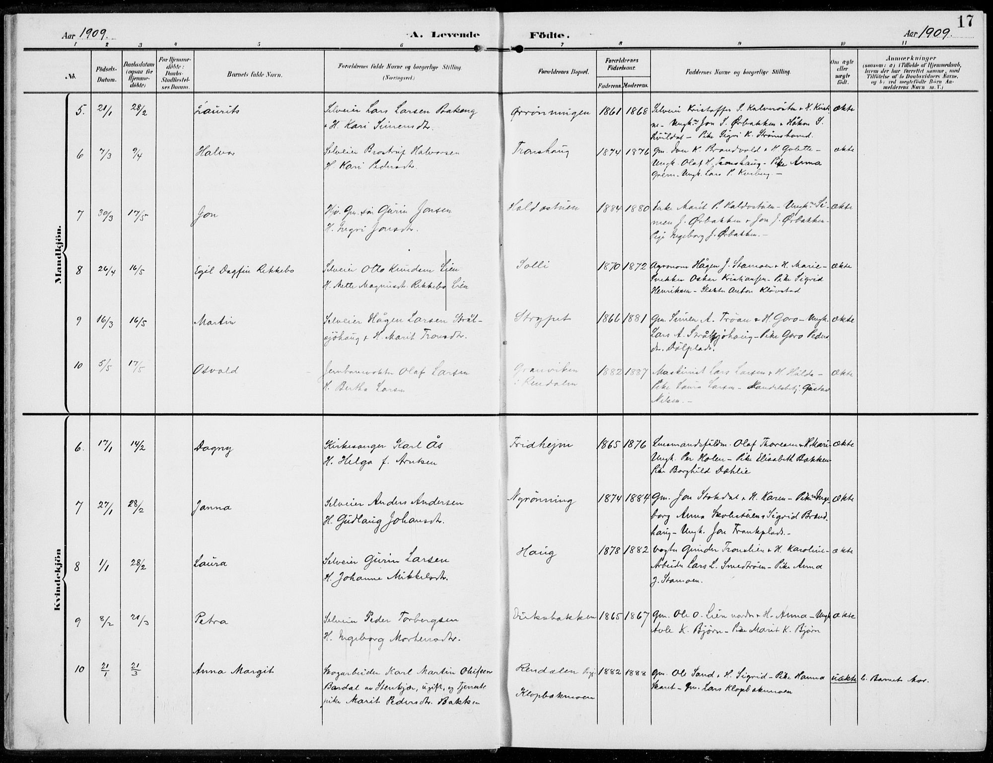 Alvdal prestekontor, AV/SAH-PREST-060/H/Ha/Haa/L0004: Parish register (official) no. 4, 1907-1919, p. 17