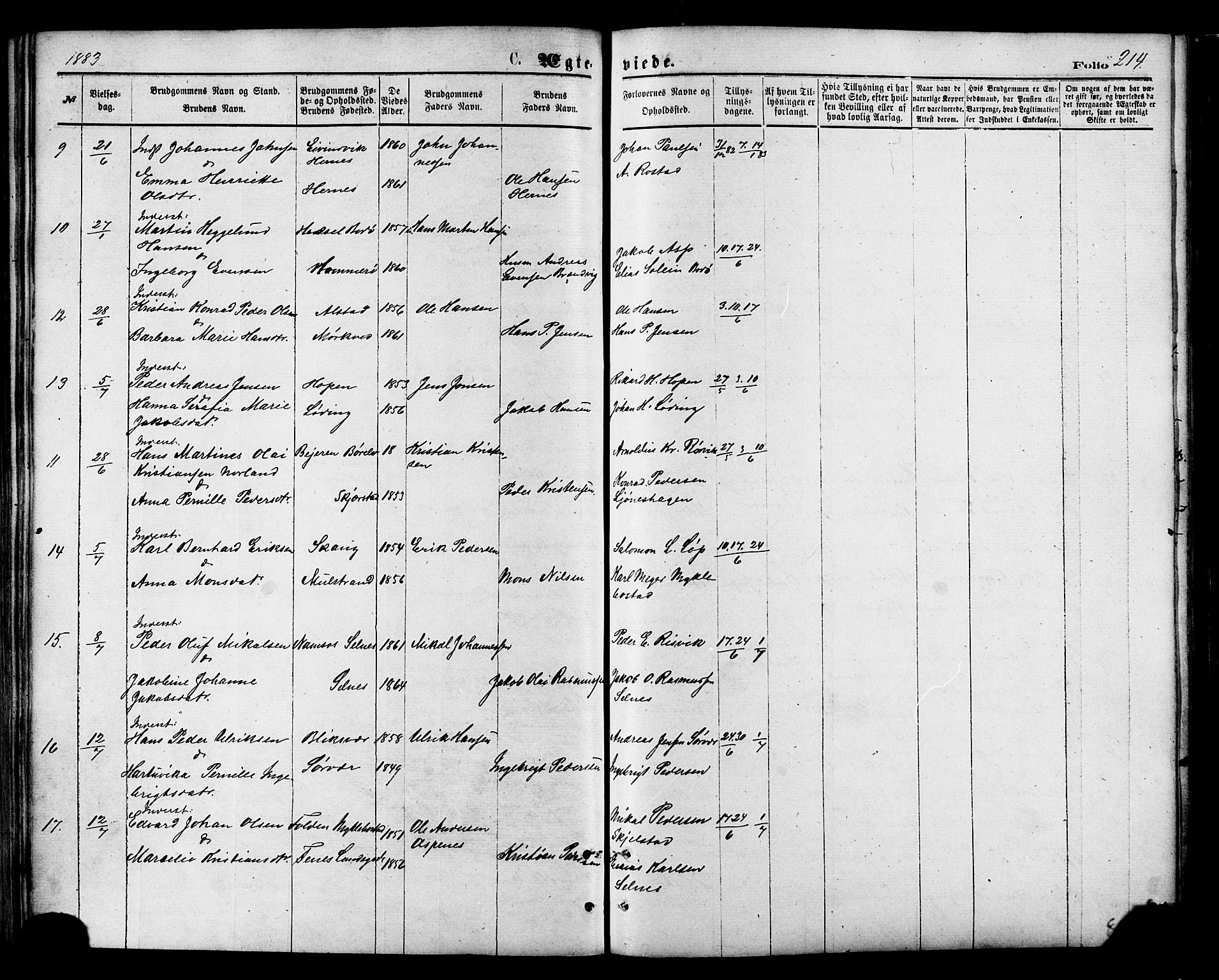 Ministerialprotokoller, klokkerbøker og fødselsregistre - Nordland, AV/SAT-A-1459/801/L0009: Parish register (official) no. 801A09, 1876-1883, p. 214