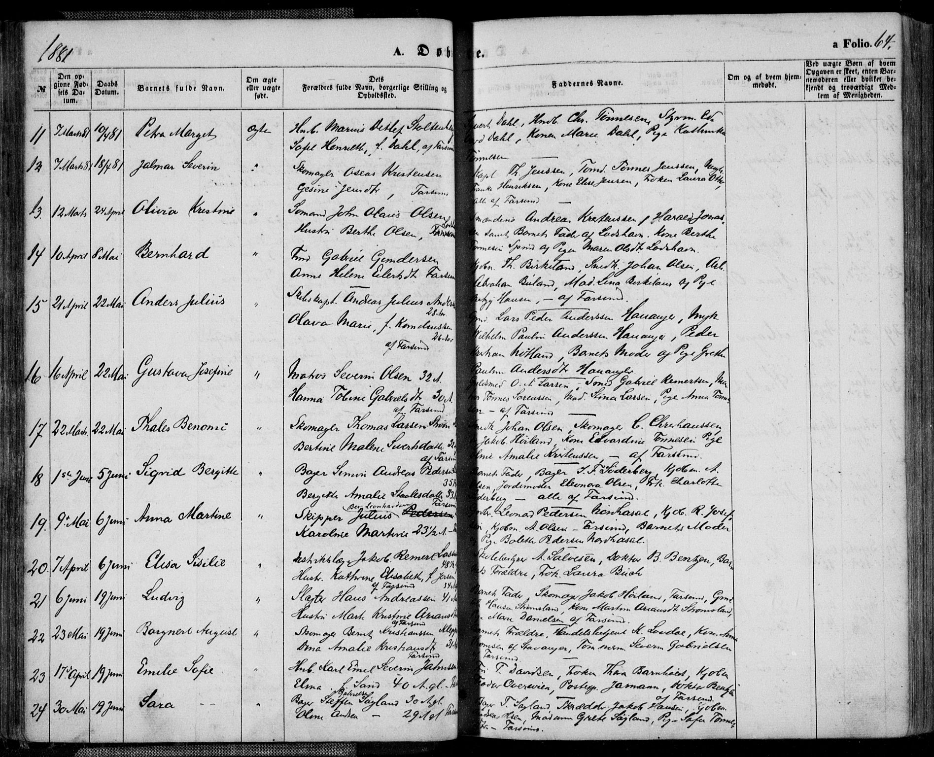 Farsund sokneprestkontor, AV/SAK-1111-0009/F/Fa/L0005: Parish register (official) no. A 5, 1863-1886, p. 64