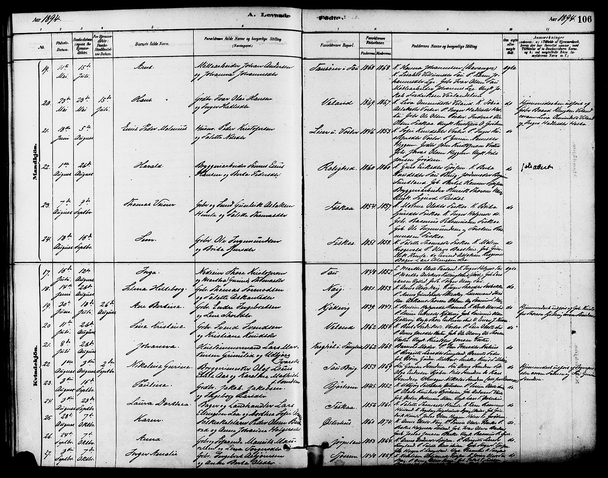 Strand sokneprestkontor, AV/SAST-A-101828/H/Ha/Haa/L0009: Parish register (official) no. A 9, 1877-1908, p. 106