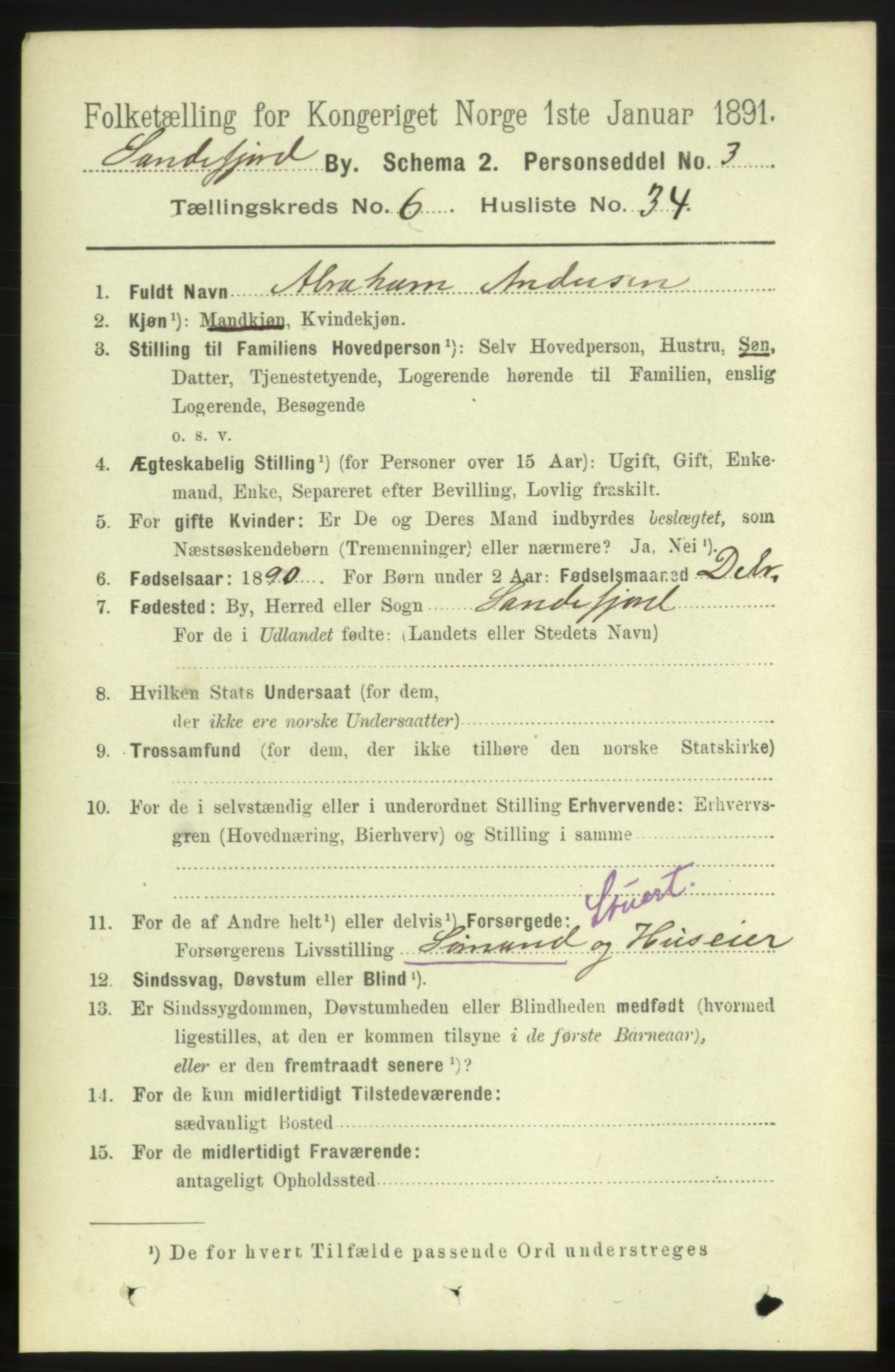 RA, 1891 census for 0706 Sandefjord, 1891, p. 2729