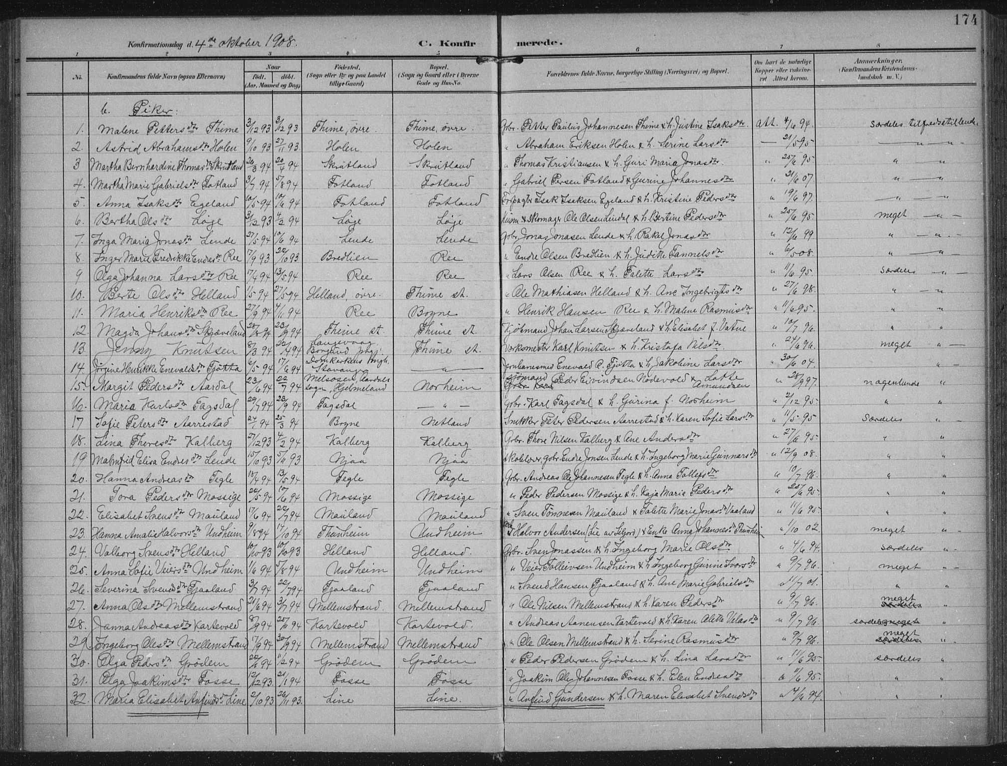 Lye sokneprestkontor, AV/SAST-A-101794/002/A/L0001: Parish register (official) no. A 12, 1904-1920, p. 174