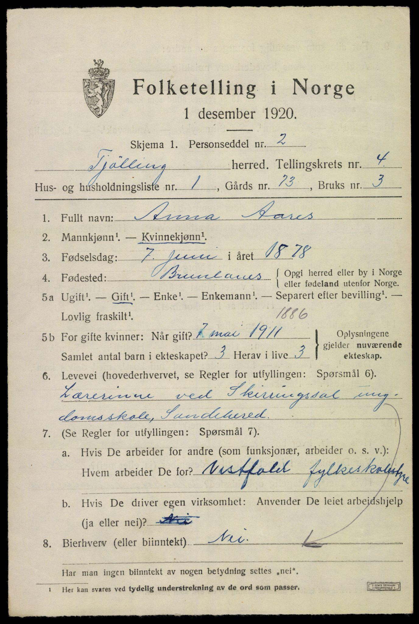 SAKO, 1920 census for Tjølling, 1920, p. 7501