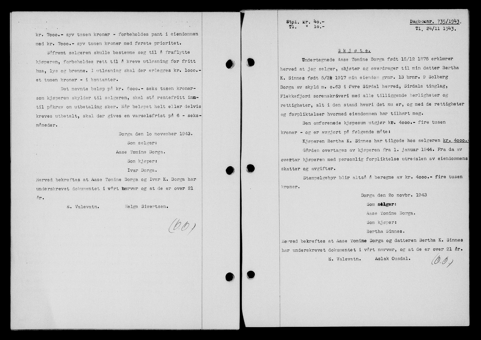 Flekkefjord sorenskriveri, SAK/1221-0001/G/Gb/Gba/L0058: Mortgage book no. A-6, 1942-1944, Diary no: : 735/1943