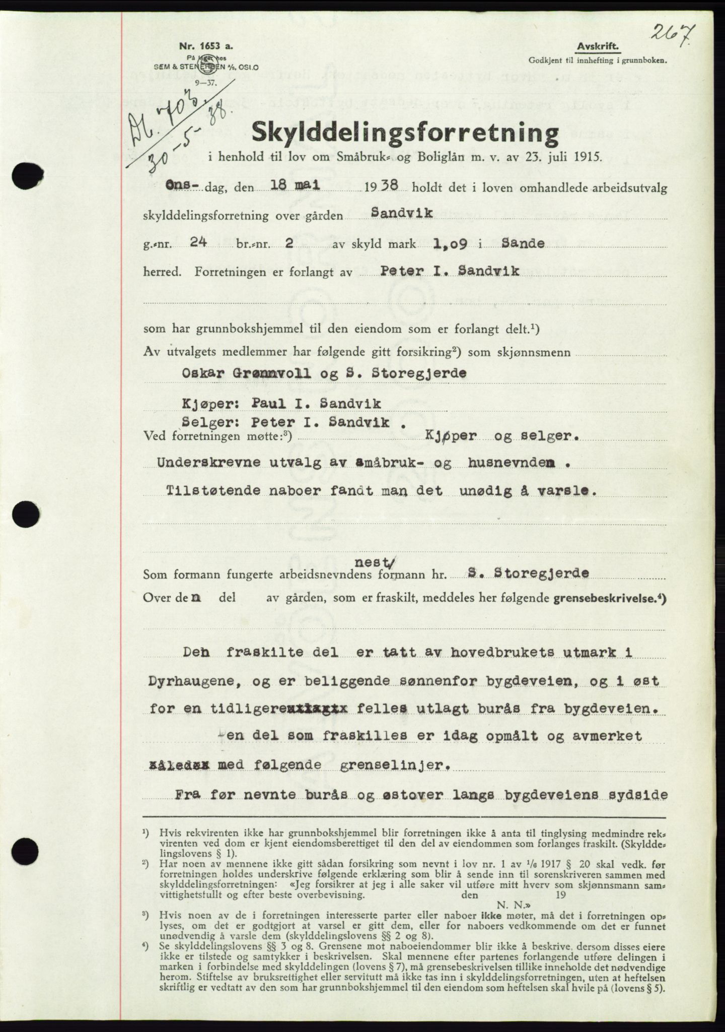 Søre Sunnmøre sorenskriveri, AV/SAT-A-4122/1/2/2C/L0065: Mortgage book no. 59, 1938-1938, Diary no: : 703/1938