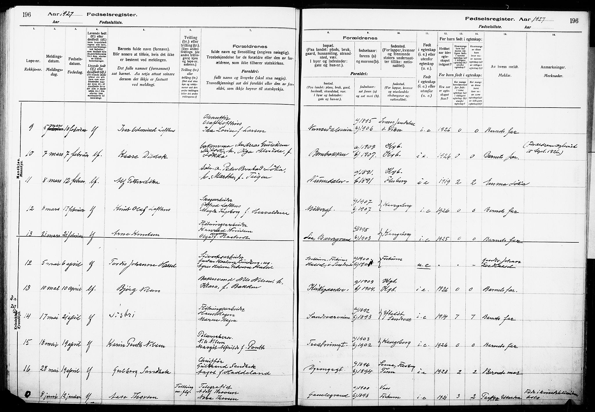 Kongsberg kirkebøker, SAKO/A-22/J/Ja/L0001: Birth register no. 1, 1916-1927, p. 196