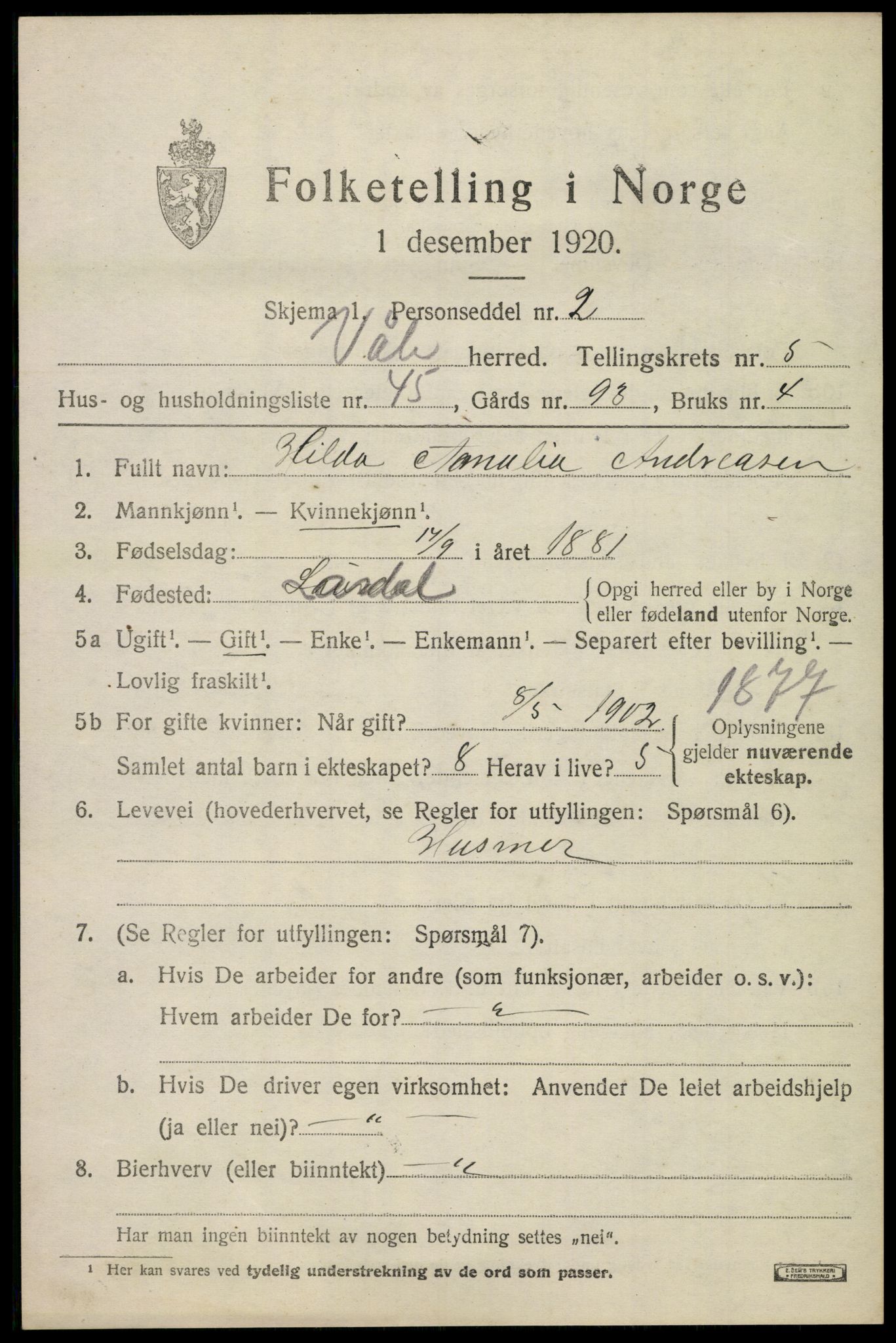 SAKO, 1920 census for Våle, 1920, p. 4150