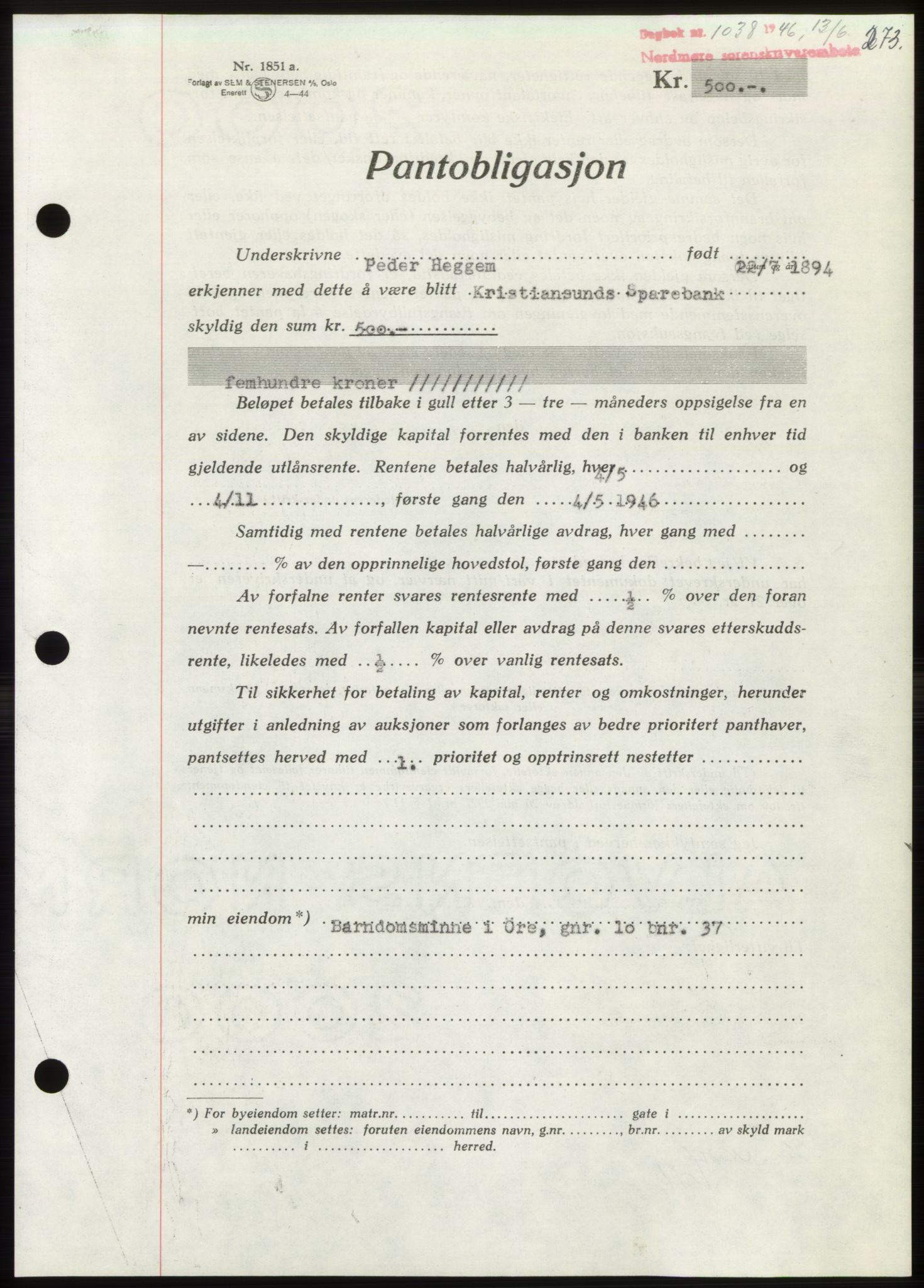 Nordmøre sorenskriveri, AV/SAT-A-4132/1/2/2Ca: Mortgage book no. B94, 1946-1946, Diary no: : 1038/1946