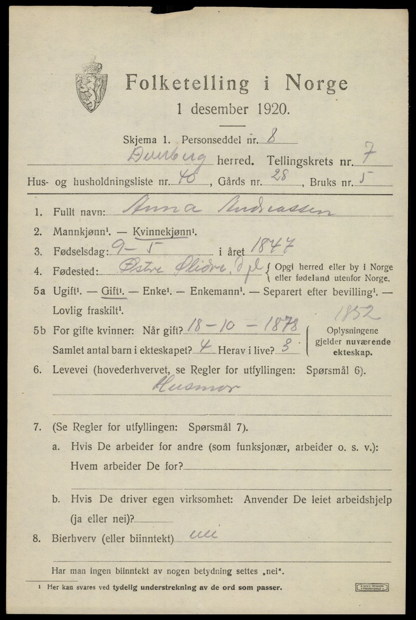 SAT, 1920 census for Dverberg, 1920, p. 7110