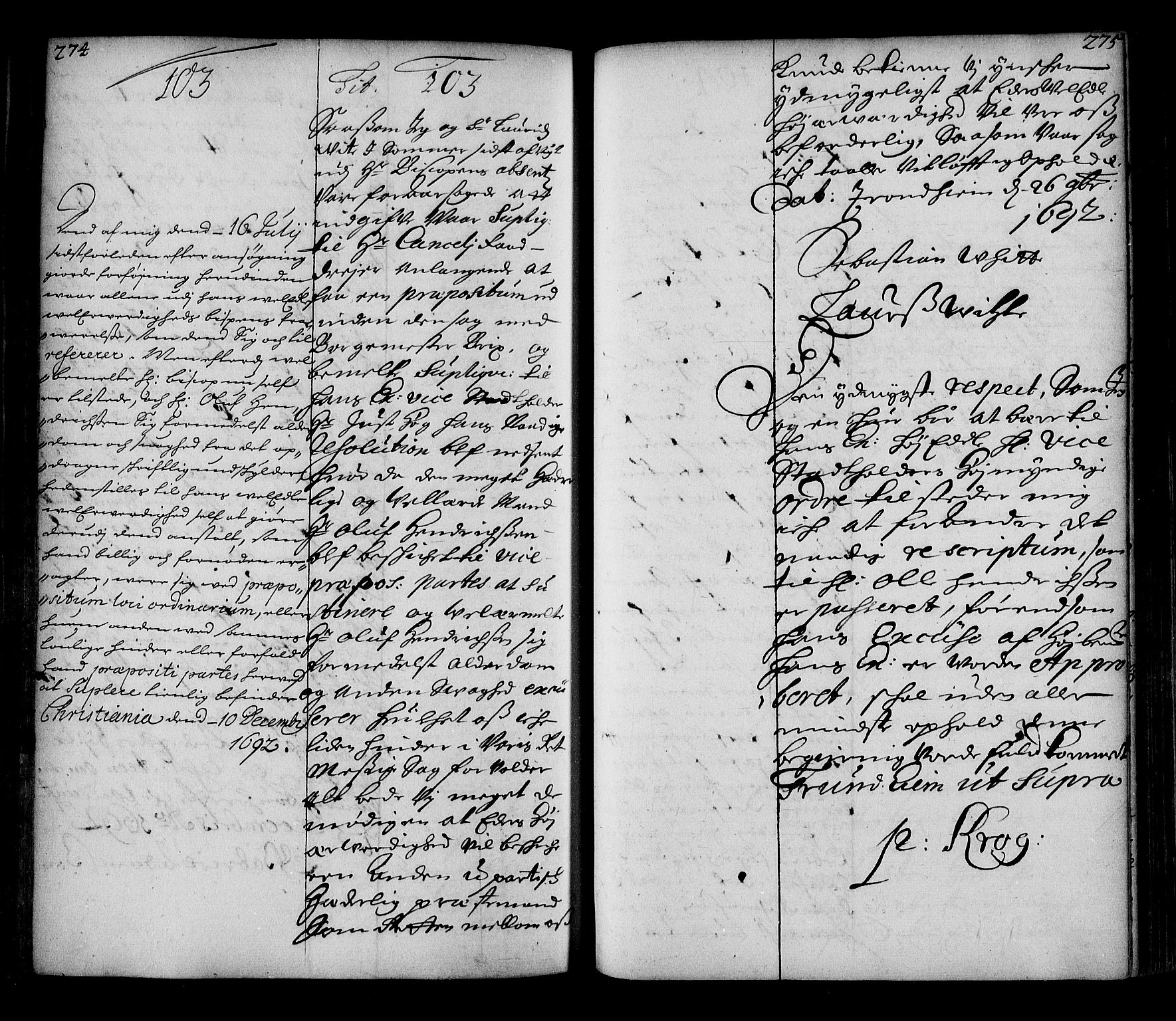 Stattholderembetet 1572-1771, AV/RA-EA-2870/Ae/L0010: Supplikasjons- og resolusjonsprotokoll, 1692-1693, p. 274-275