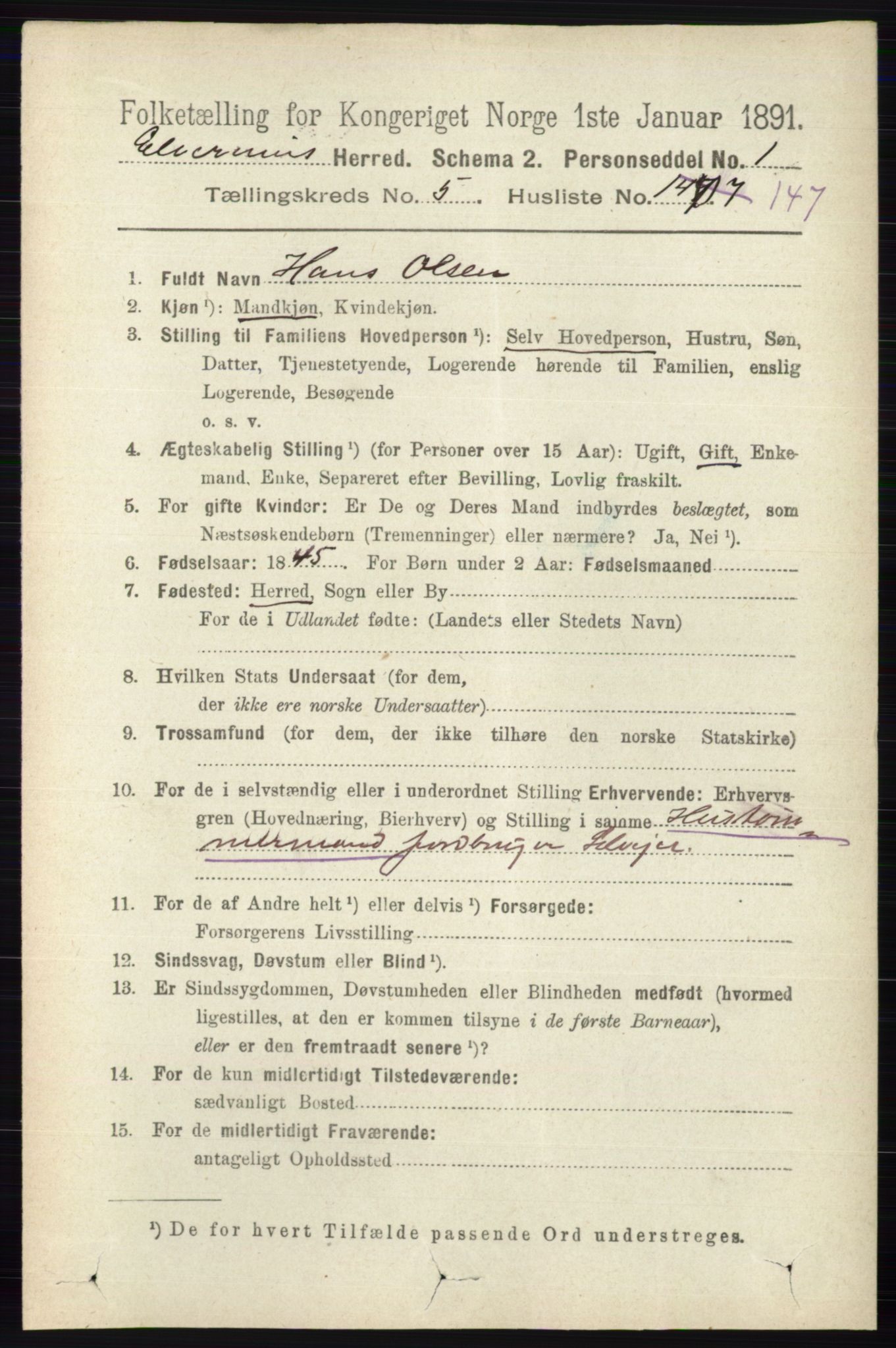 RA, 1891 census for 0427 Elverum, 1891, p. 4148