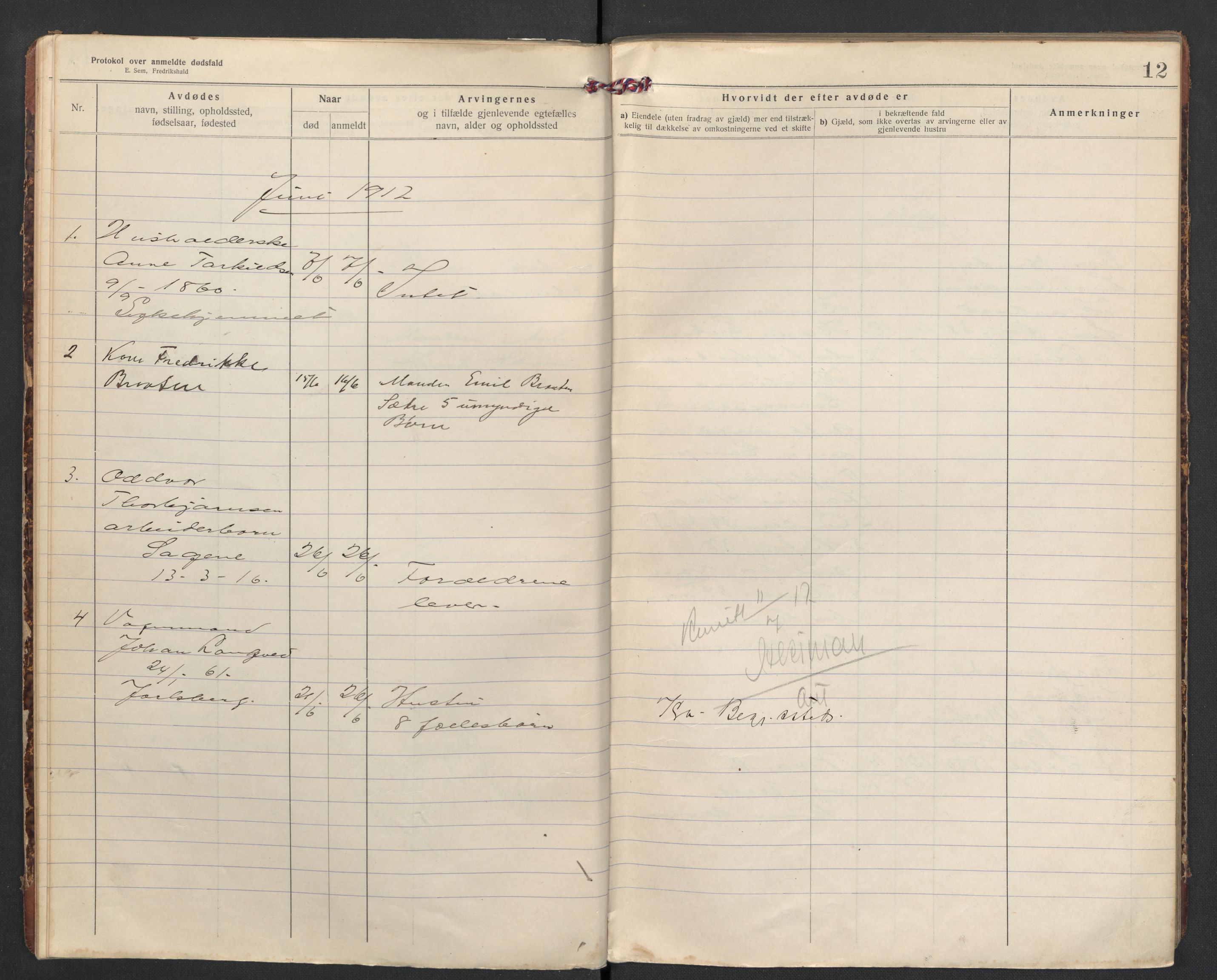 Hurum lensmannskontor, SAKO/A-505/H/Ha/L0002: Dødsfallsprotokoll, 1916-1925, p. 12